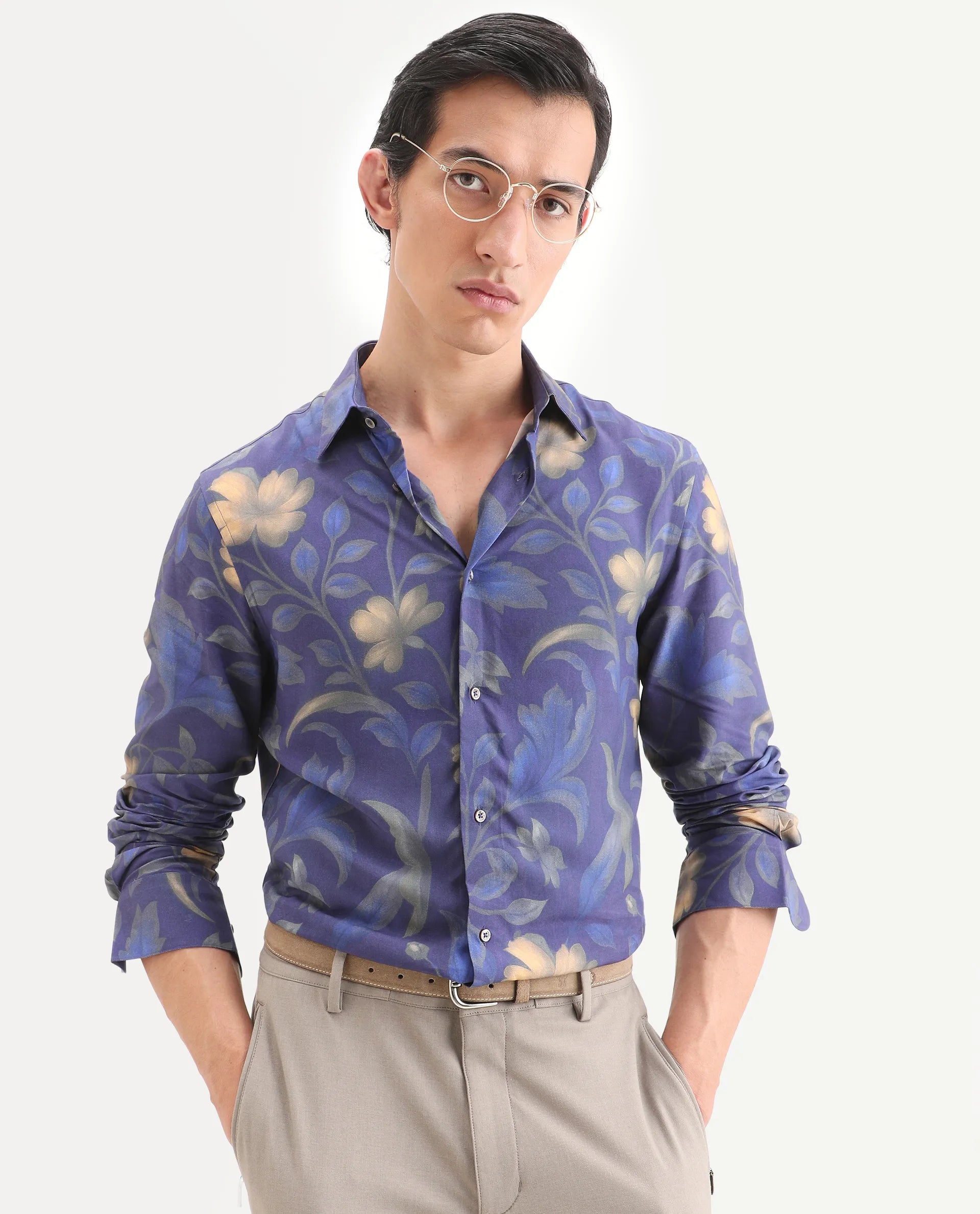Rare Rabbit Men's Jolo Dusky Purple Viscose Fabric Full Sleeve Spread Collar Regular Fit Floral Print Shirt