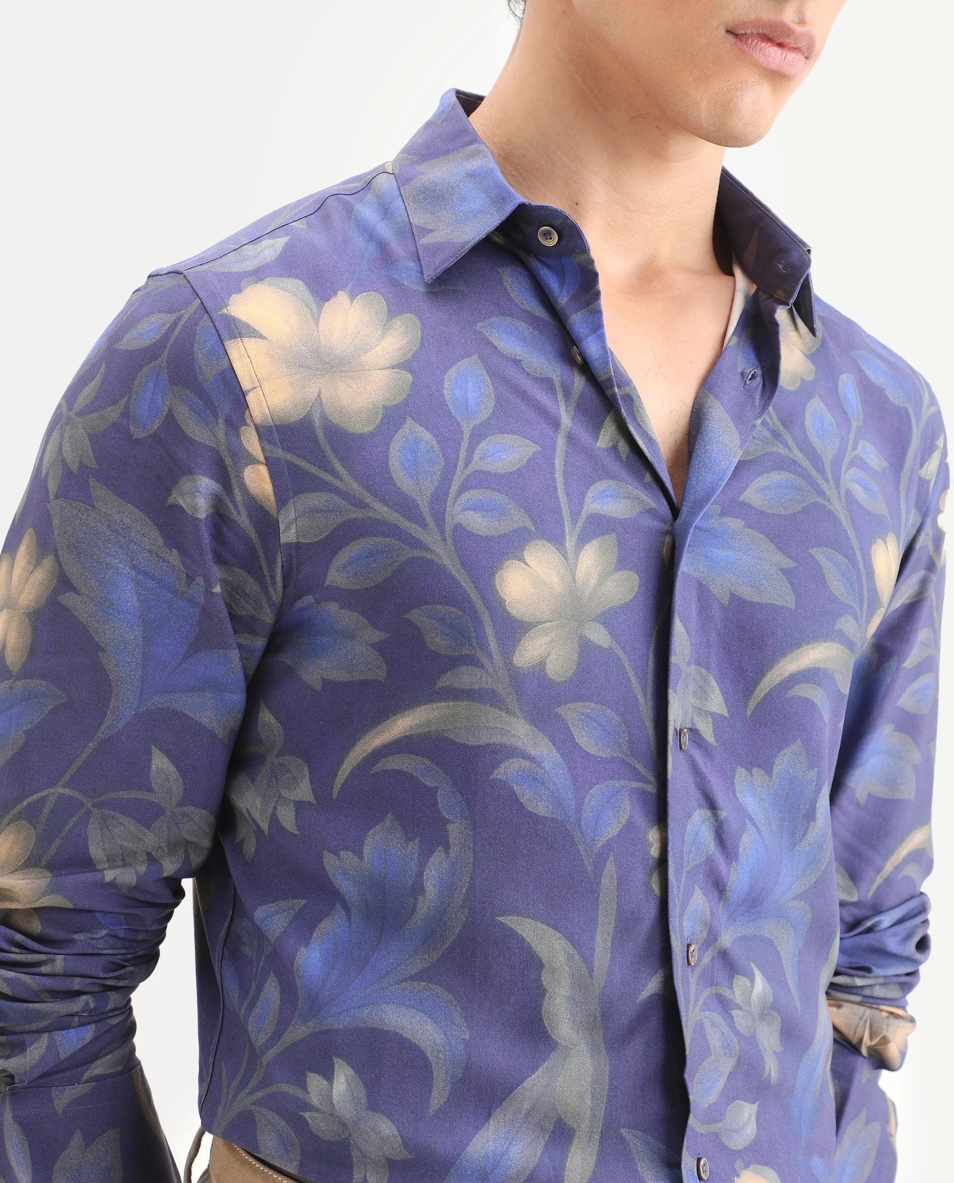 Rare Rabbit Men's Jolo Dusky Purple Viscose Fabric Full Sleeve Spread Collar Regular Fit Floral Print Shirt