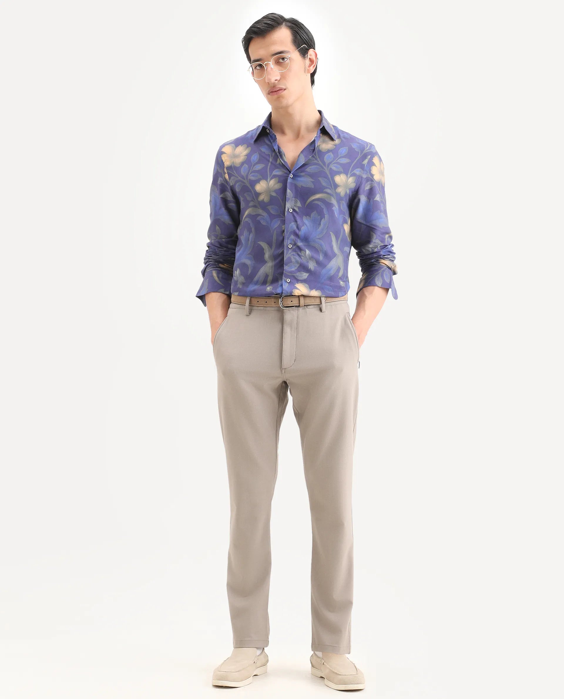 Rare Rabbit Men's Jolo Dusky Purple Viscose Fabric Full Sleeve Spread Collar Regular Fit Floral Print Shirt