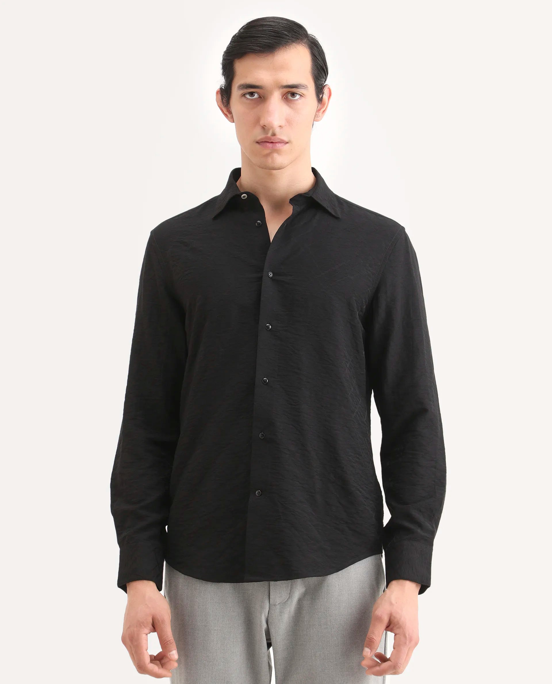 Rare Rabbit Men's Ciera Black Viscose Blend Fabric Full Sleeve Spread Collar Regular Fit Jacquard Shirt
