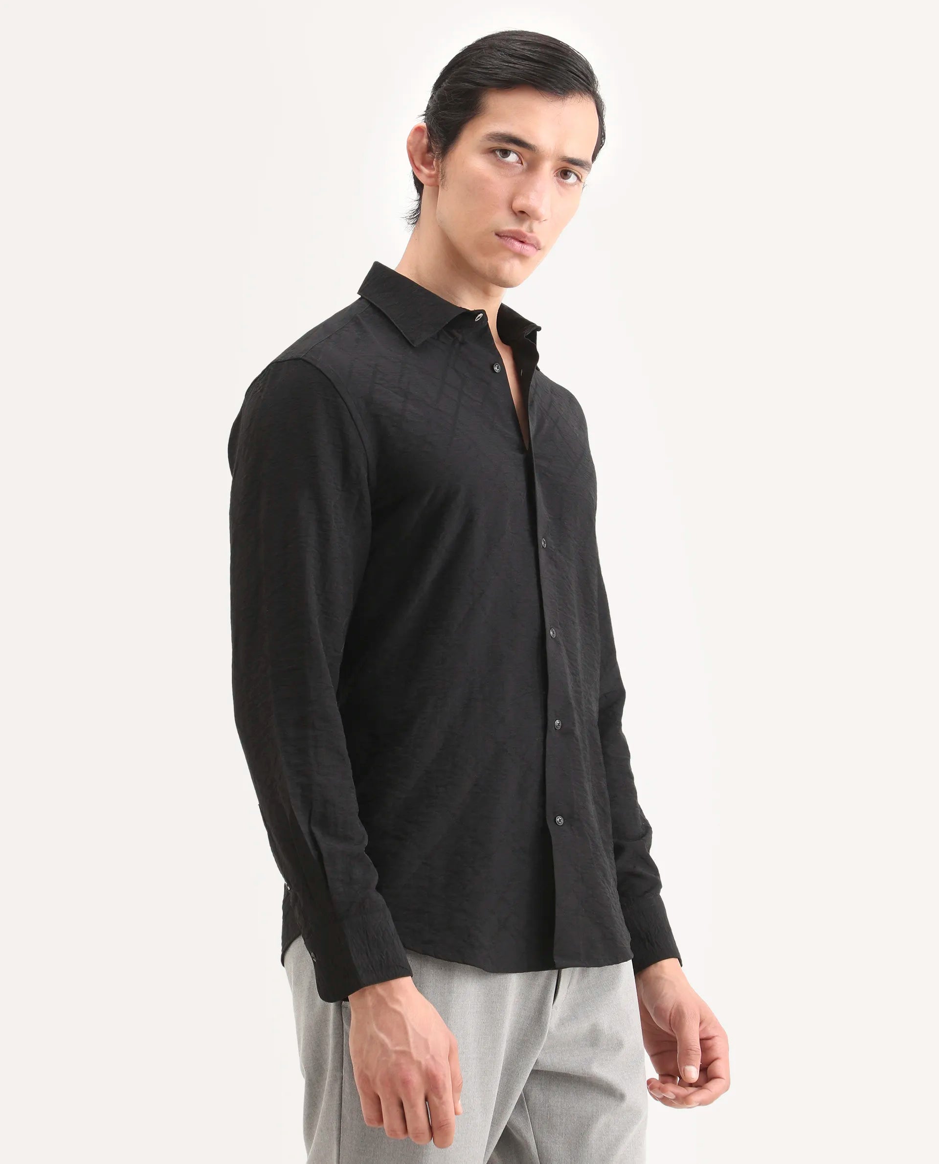 Rare Rabbit Men's Ciera Black Viscose Blend Fabric Full Sleeve Spread Collar Regular Fit Jacquard Shirt