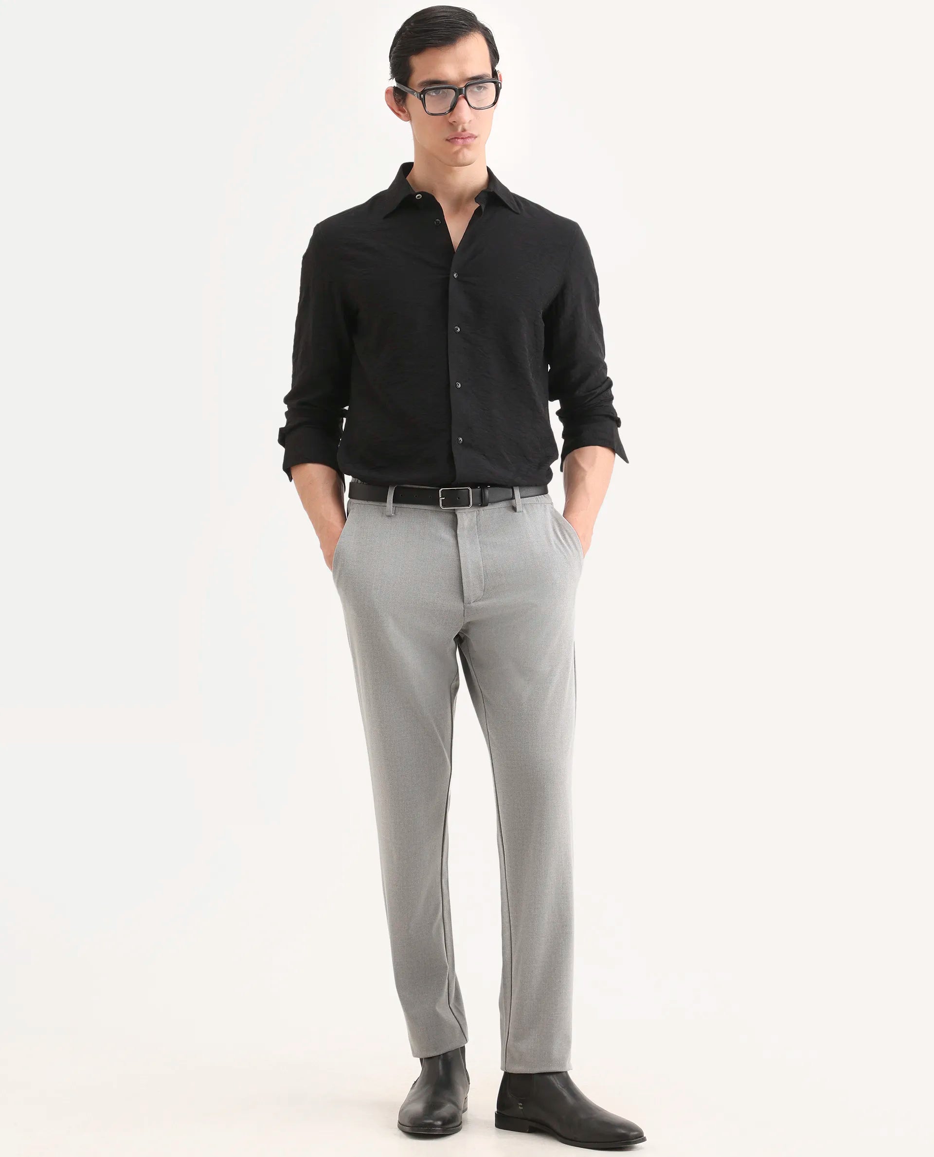 Rare Rabbit Men's Ciera Black Viscose Blend Fabric Full Sleeve Spread Collar Regular Fit Jacquard Shirt