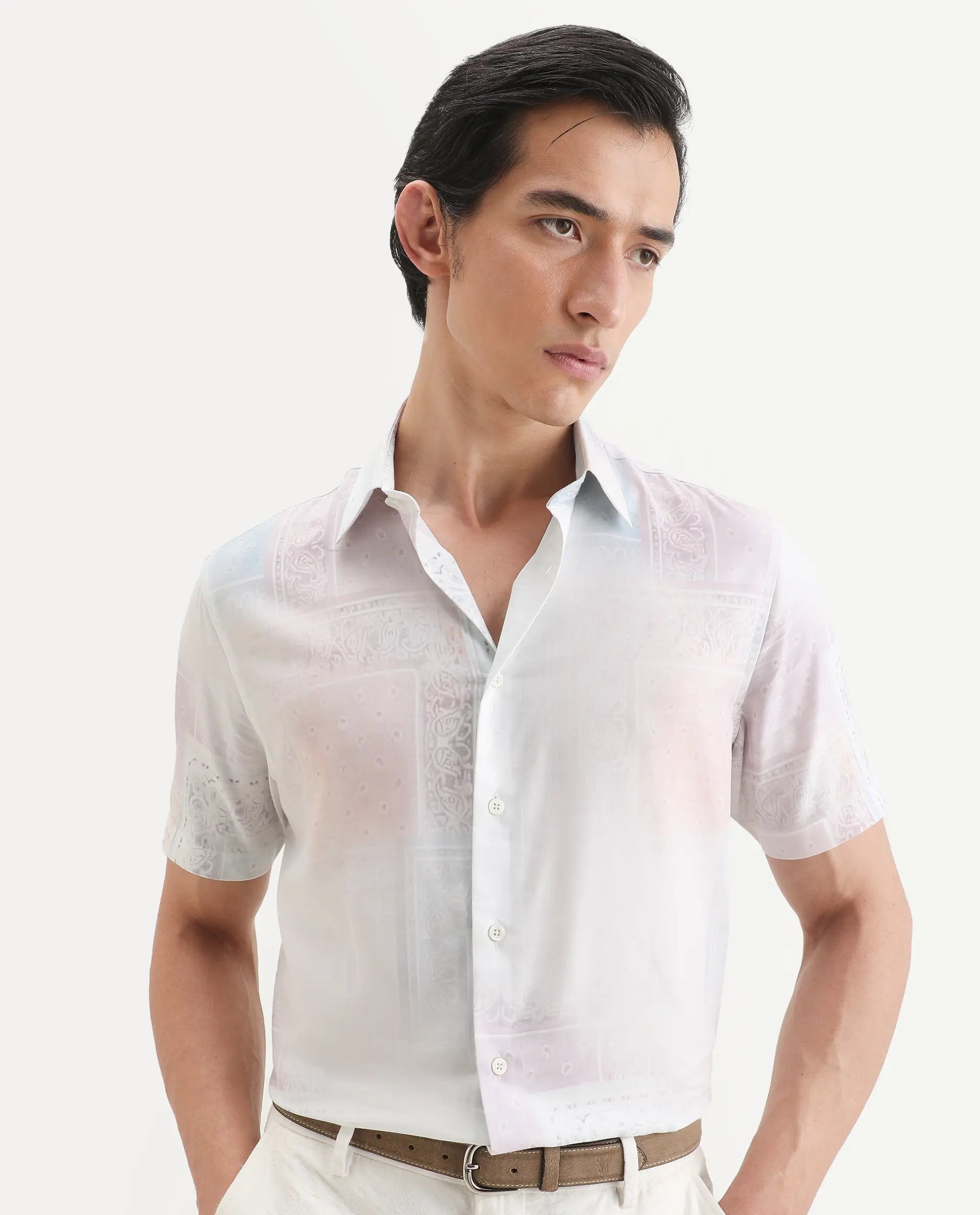 Rare Rabbit Men's Kyra White Cotton Blend Fabric Half Sleeve Spread Collar Regular Fit Paisley Print Shirt