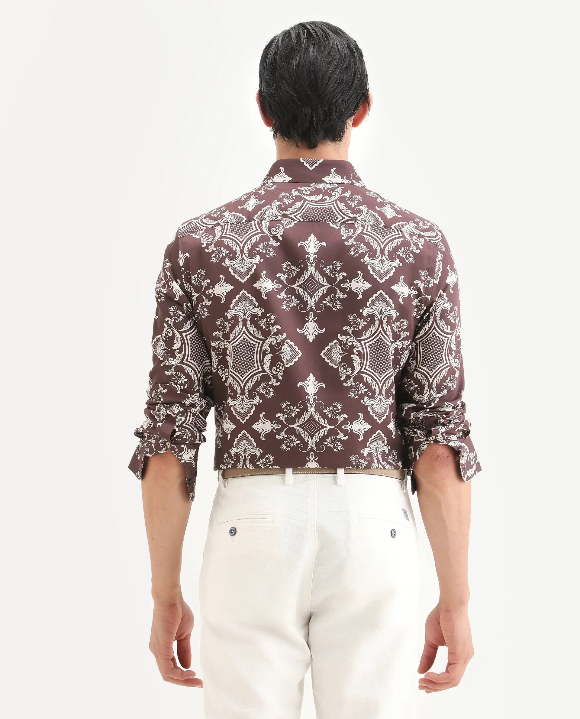 Rare Rabbit Men's Lagos Brown Cotton Blend Fabric Full Sleeve Regular Fit Ornate Print Shirt