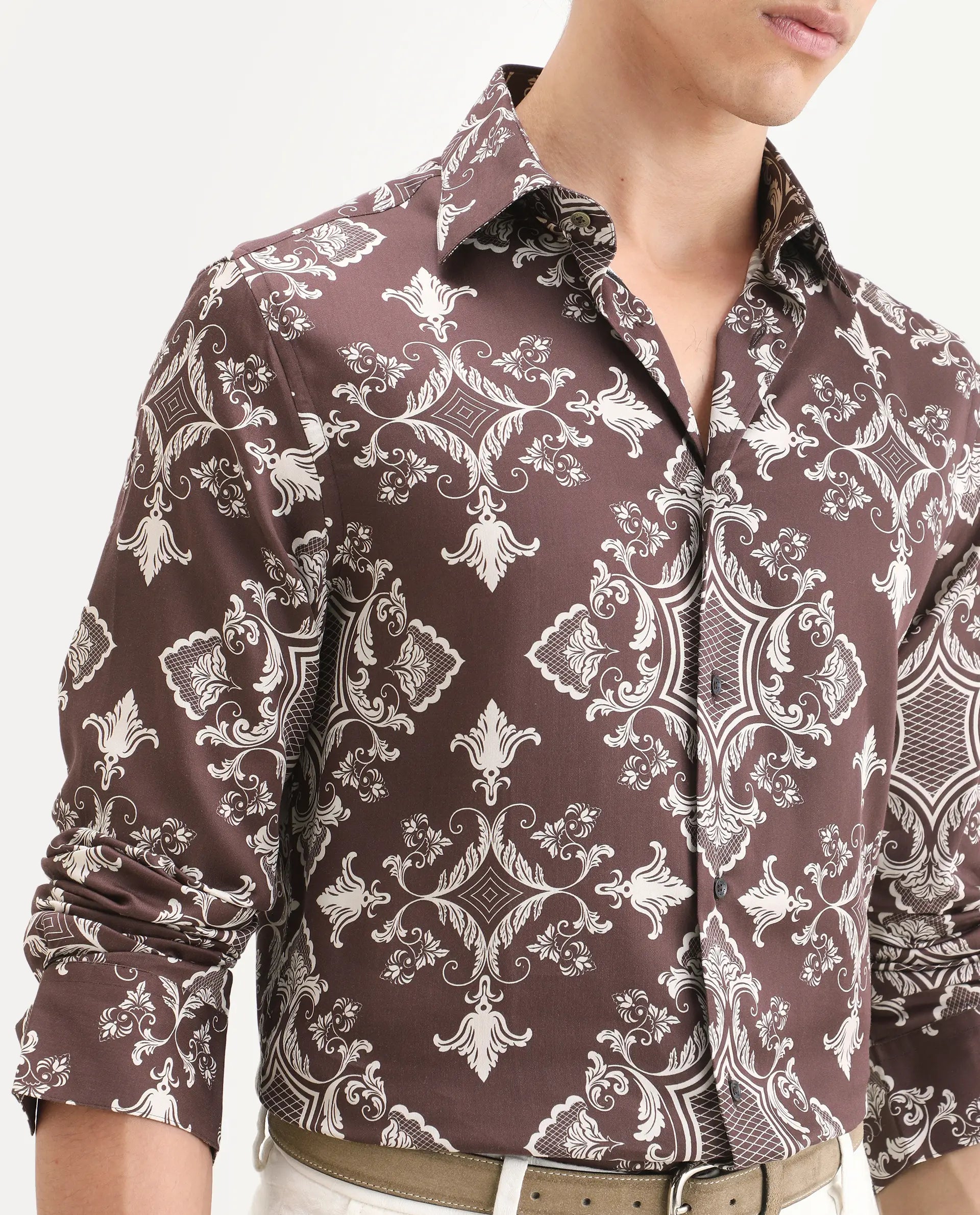 Rare Rabbit Men's Lagos Brown Cotton Blend Fabric Full Sleeve Regular Fit Ornate Print Shirt