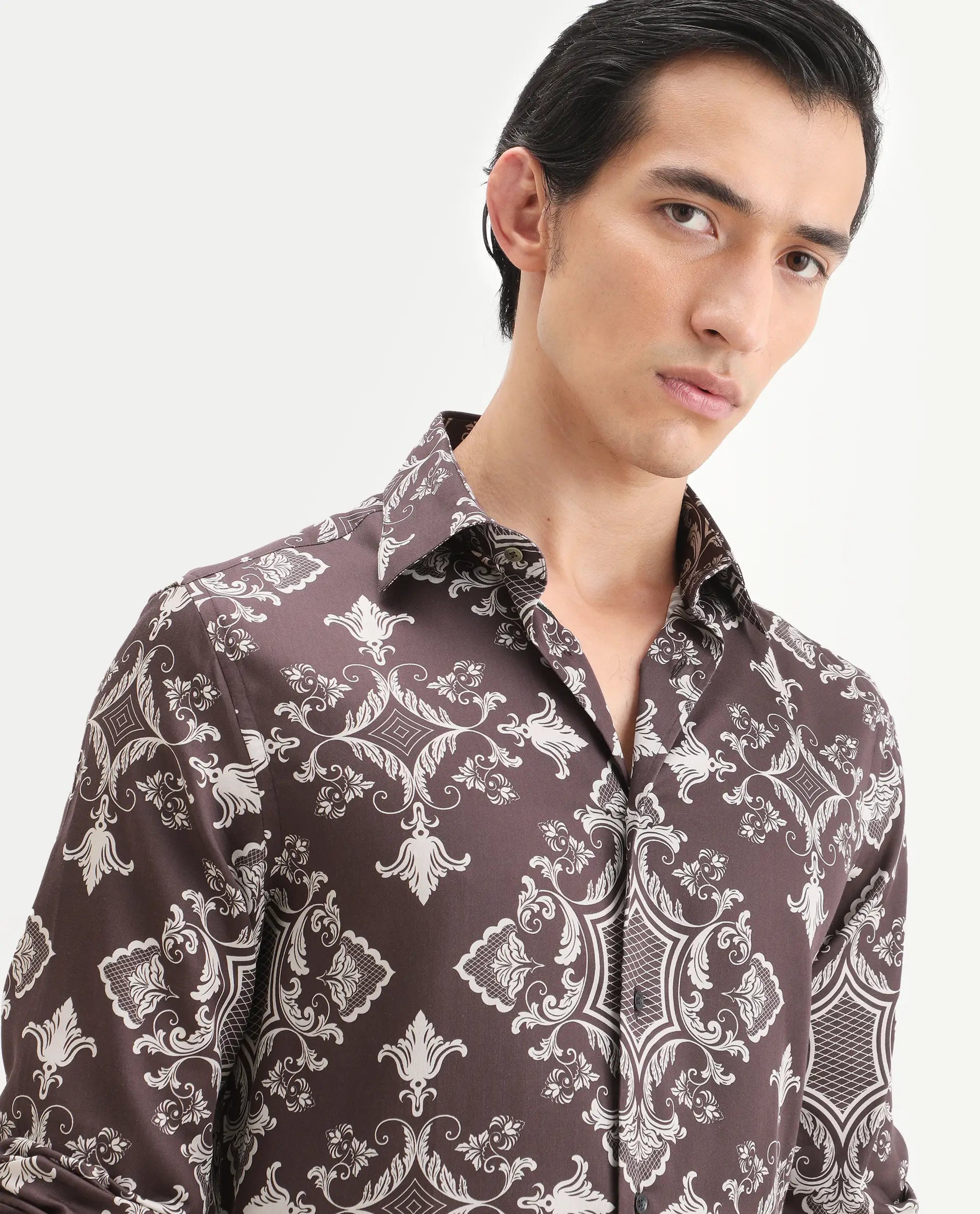 Rare Rabbit Men's Lagos Brown Cotton Blend Fabric Full Sleeve Regular Fit Ornate Print Shirt
