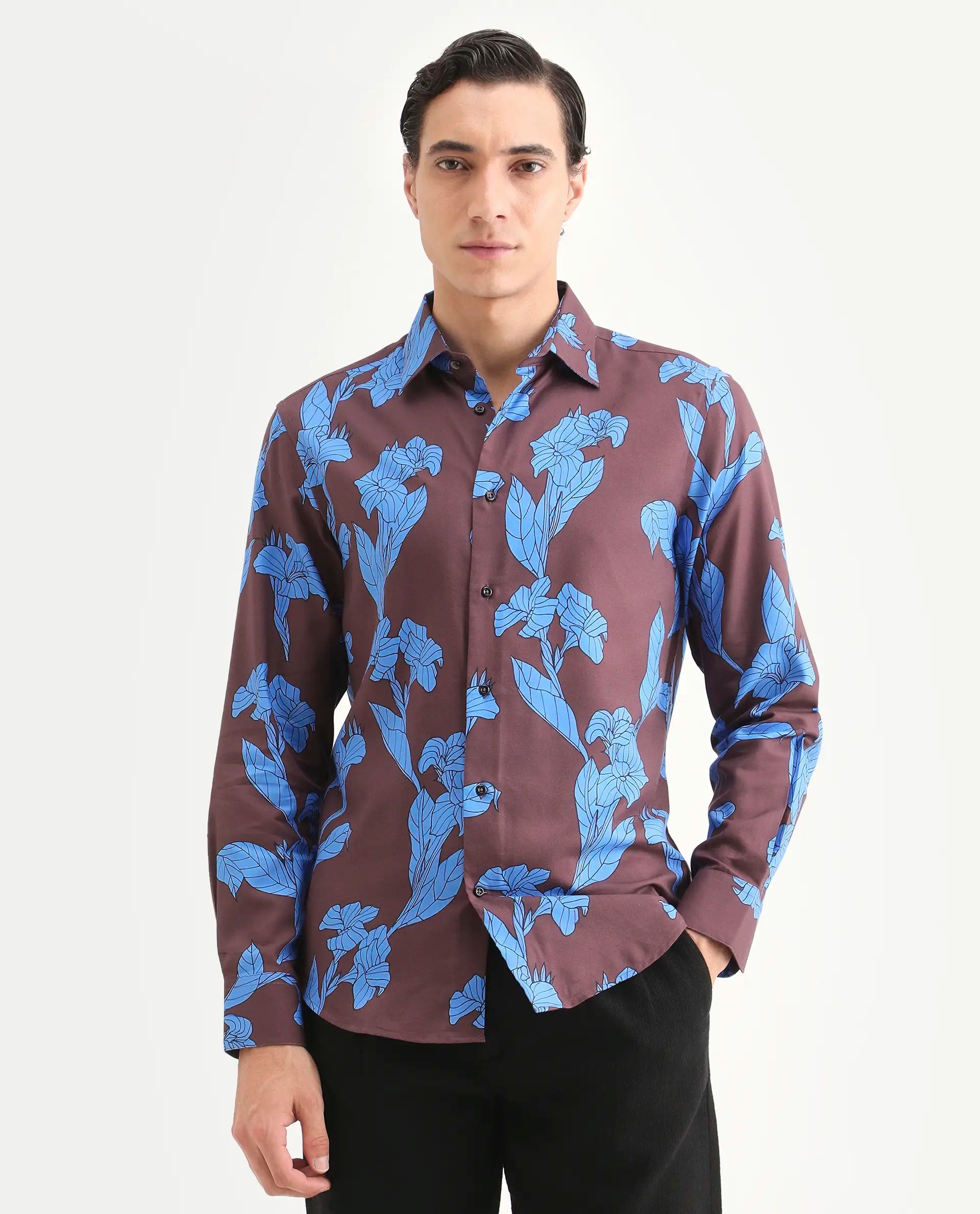 Rare Rabbit Men's Laxo Dusky Brown Cotton Blend Fabric Full Sleeve Spread Collar Regular Fit Floral Print Shirt