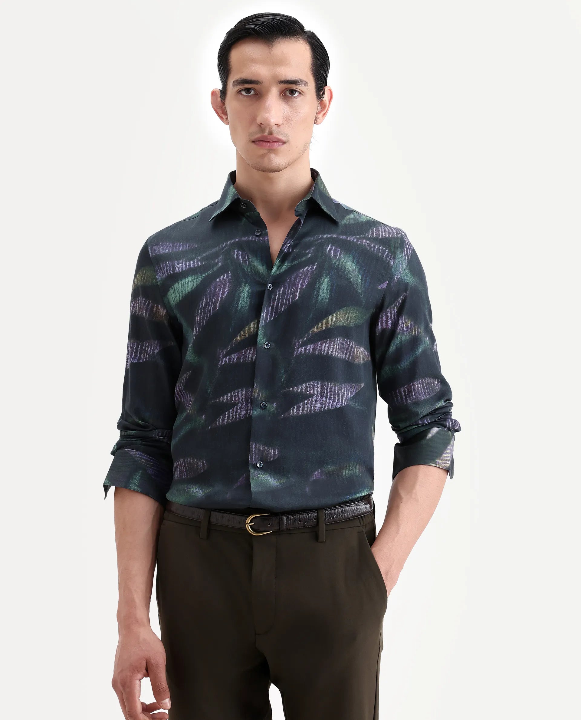 Rare Rabbit Men's Leafo Dusky Green Cotton Blend Blend Fabric Full Sleeve Regular Fit Abstract Print Shirt