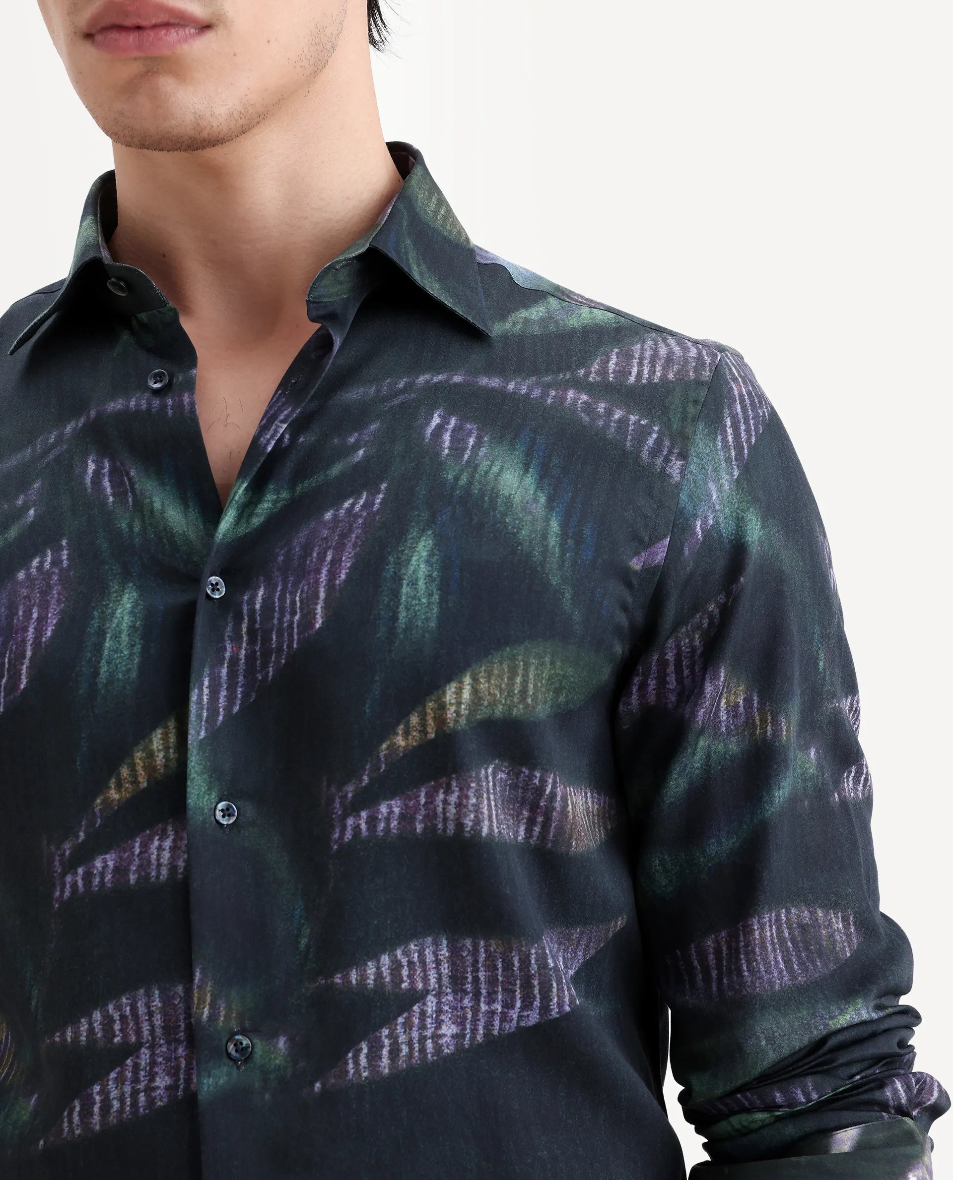 Rare Rabbit Men's Leafo Dusky Green Cotton Blend Blend Fabric Full Sleeve Regular Fit Abstract Print Shirt