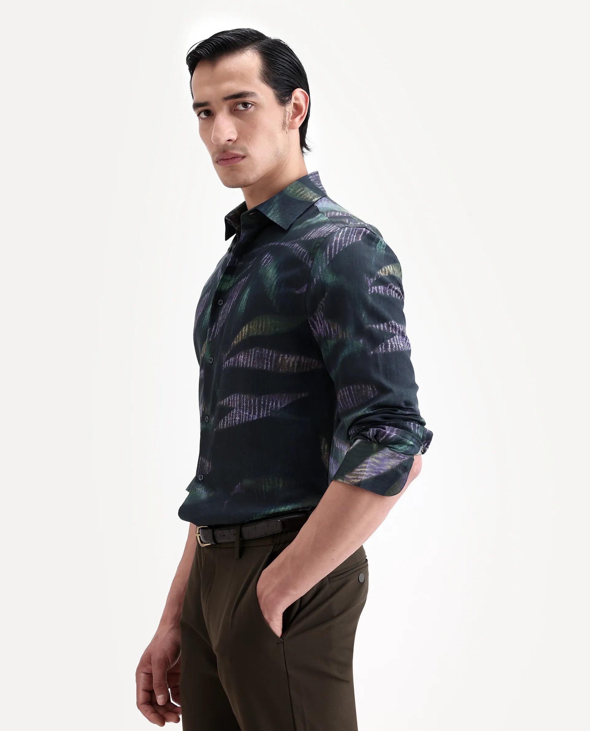 Rare Rabbit Men's Leafo Dusky Green Cotton Blend Blend Fabric Full Sleeve Regular Fit Abstract Print Shirt
