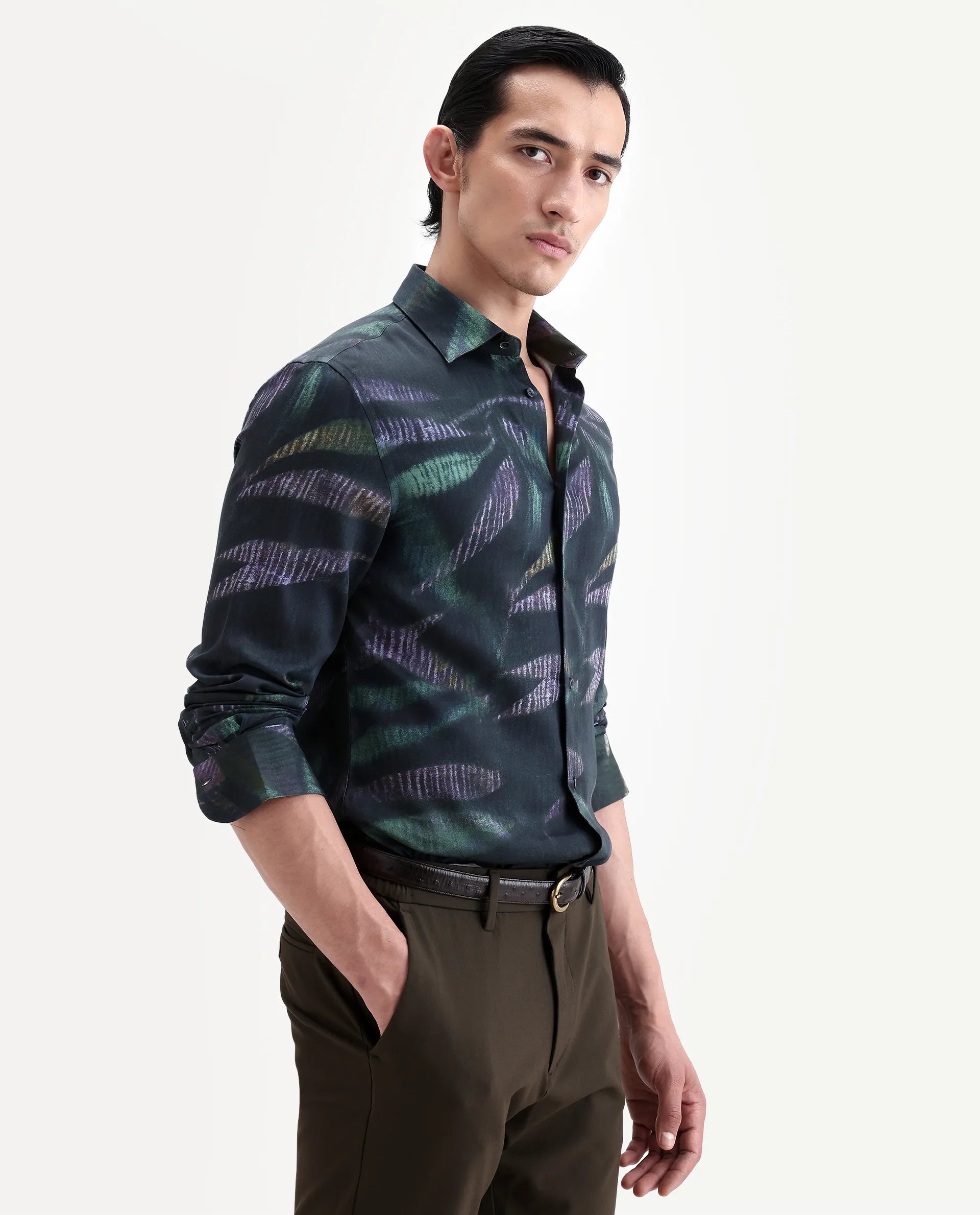 Rare Rabbit Men's Leafo Dusky Green Cotton Blend Blend Fabric Full Sleeve Regular Fit Abstract Print Shirt
