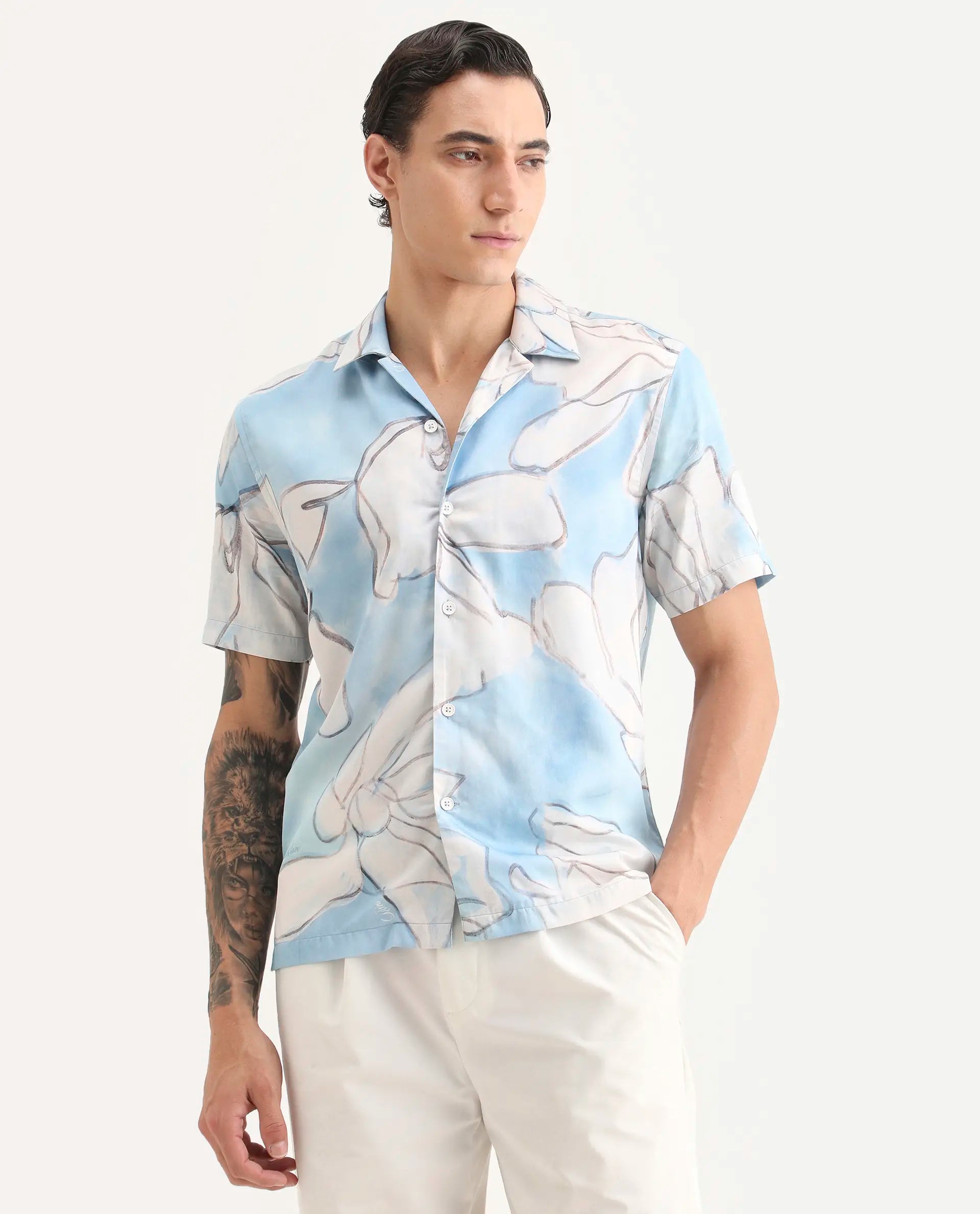 Rare Rabbit Men's Lino Pastel Blue Cotton Blend Fabric Half Sleeve Cuban Collar Regular Fit Floral Print Shirt