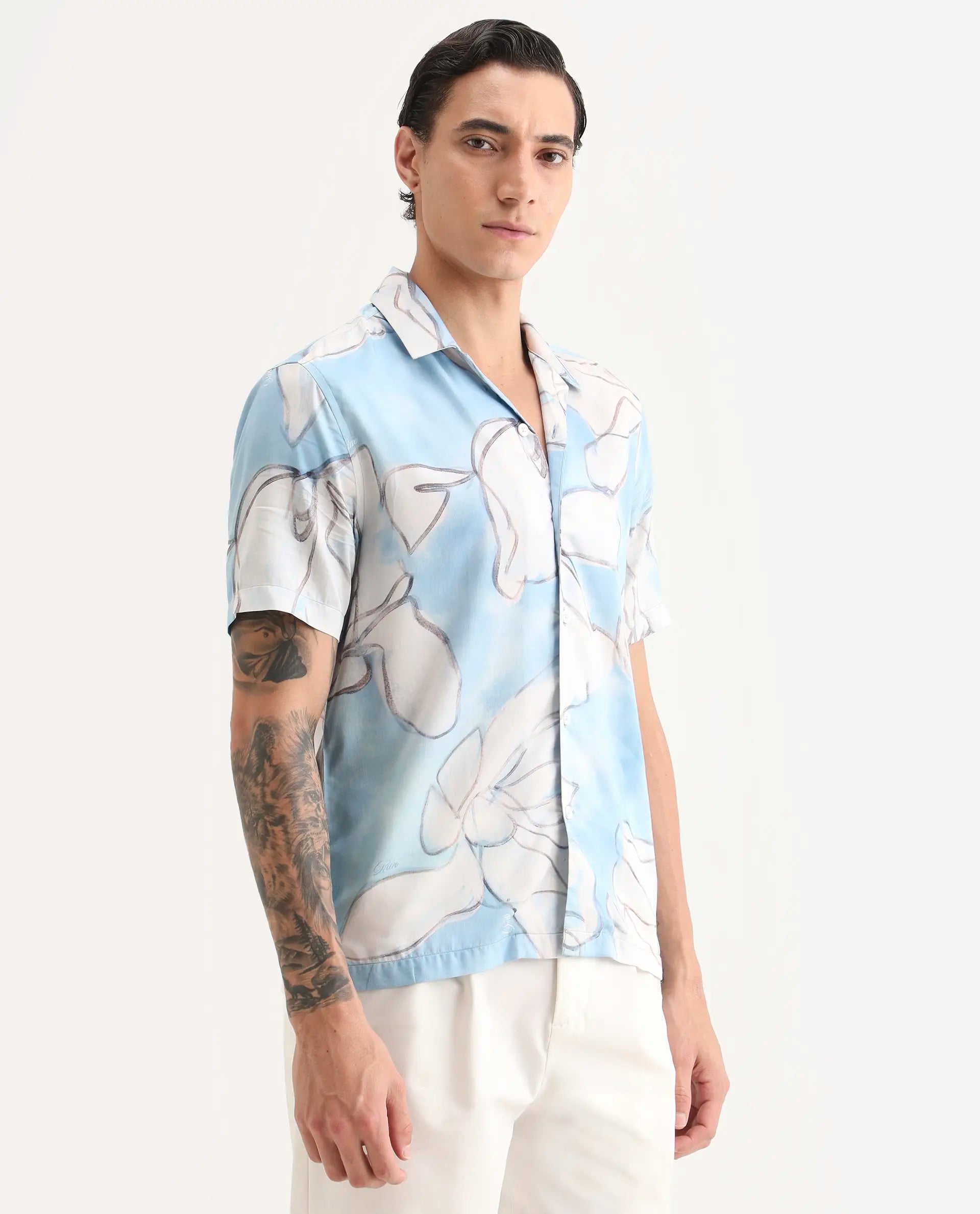 Rare Rabbit Men's Lino Pastel Blue Cotton Blend Fabric Half Sleeve Cuban Collar Regular Fit Floral Print Shirt