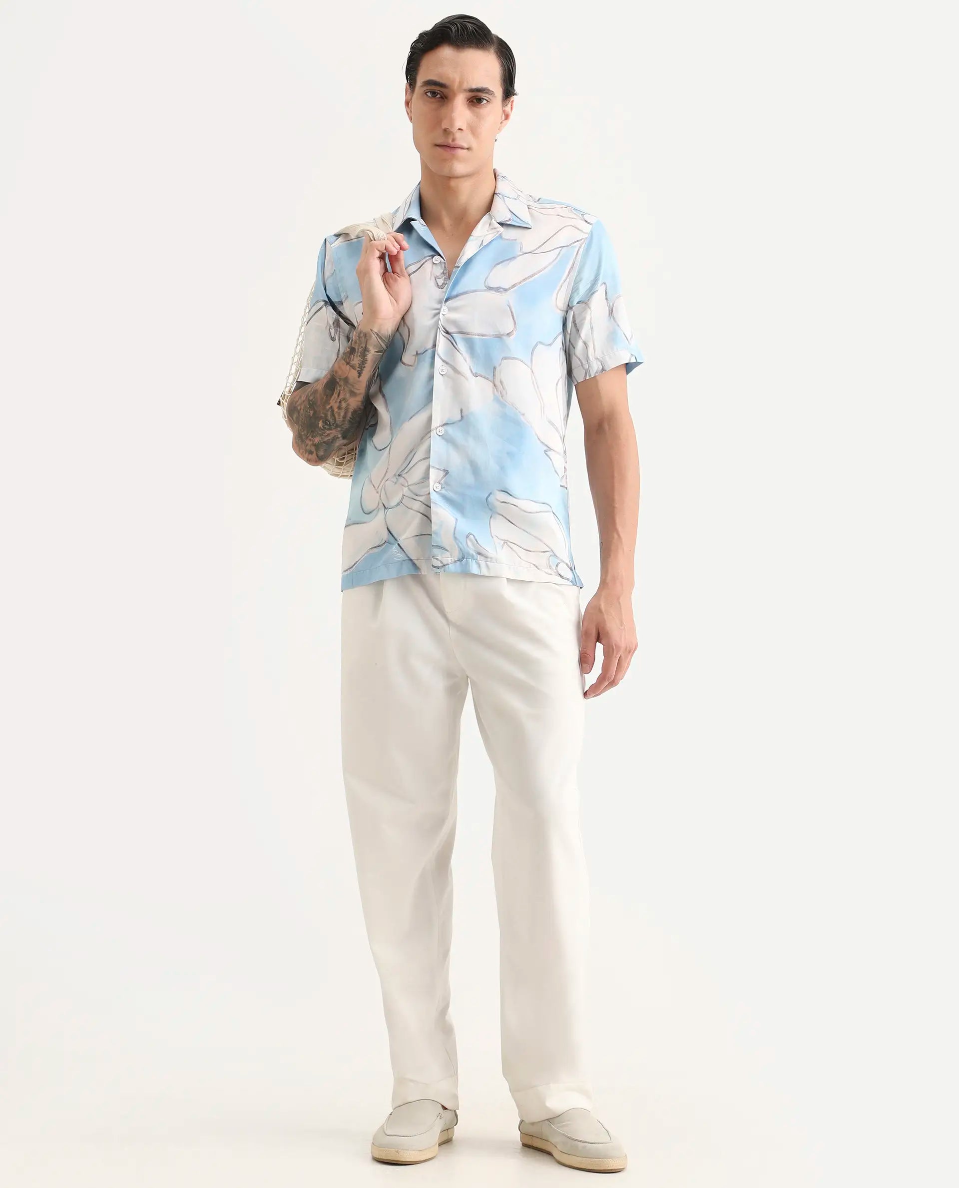 Rare Rabbit Men's Lino Pastel Blue Cotton Blend Fabric Half Sleeve Cuban Collar Regular Fit Floral Print Shirt