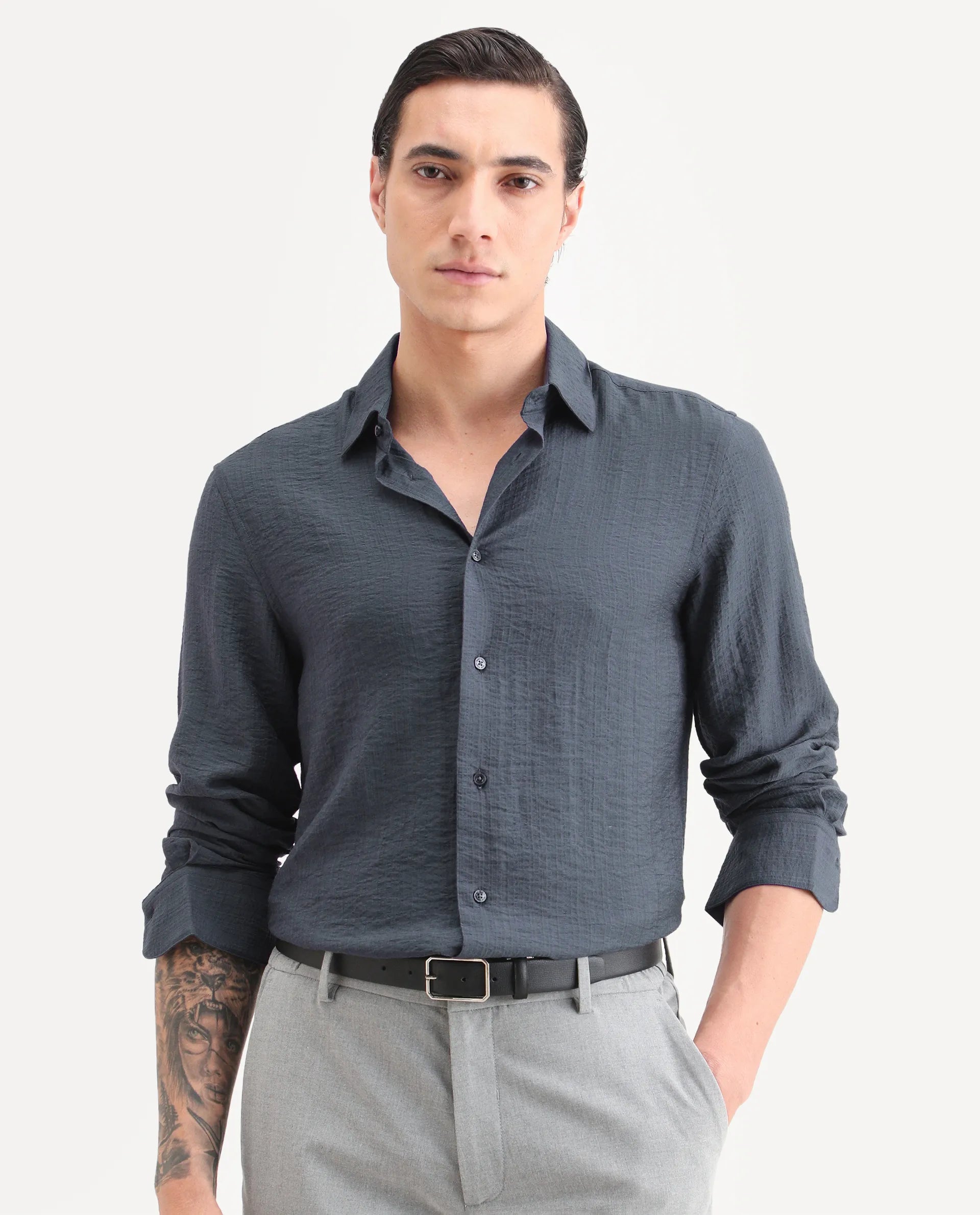 Rare Rabbit Men's Volas Dusky Grey Viscose Blend Fabric Full Sleeve Spread Collar Regular Fit Plain Shirt