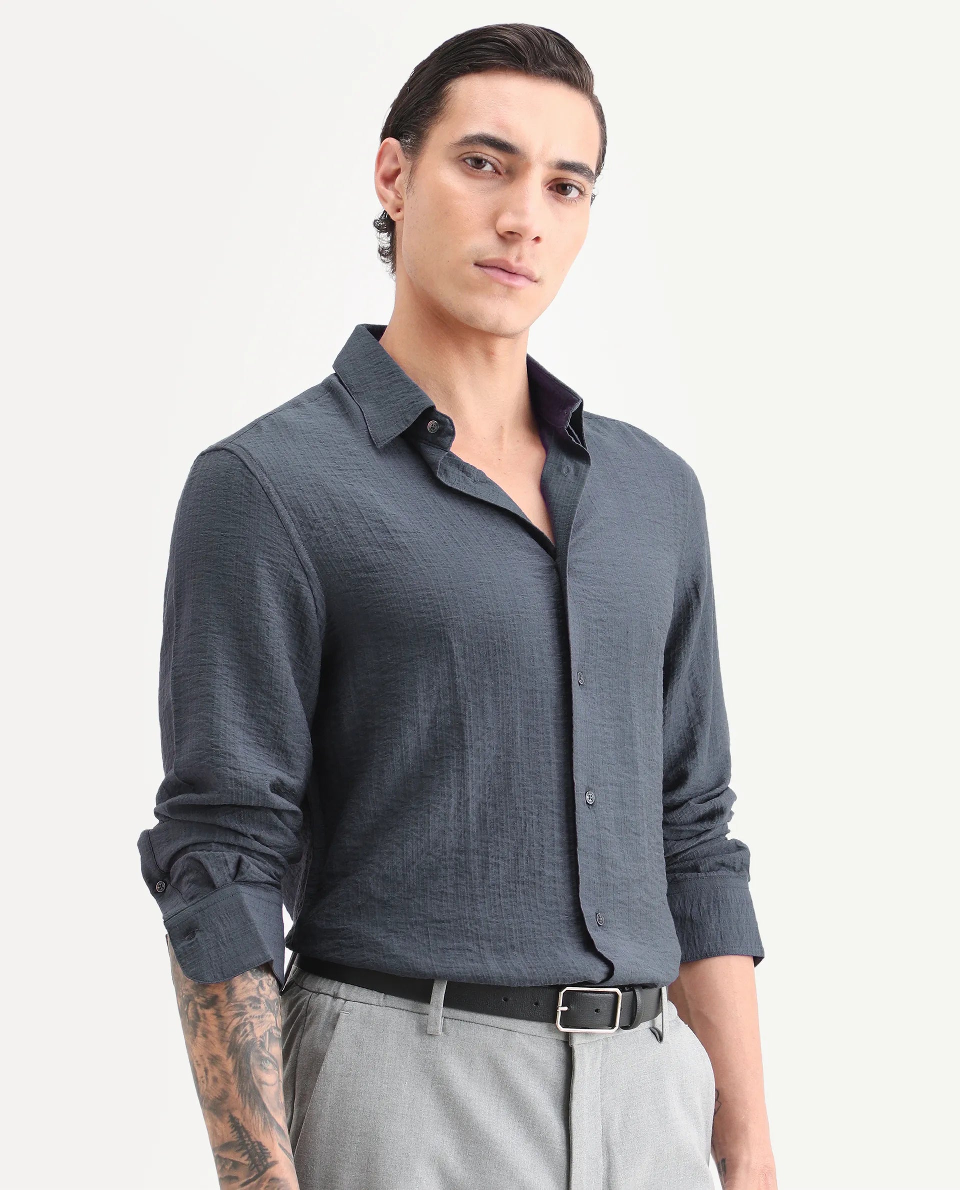 Rare Rabbit Men's Volas Dusky Grey Viscose Blend Fabric Full Sleeve Spread Collar Regular Fit Plain Shirt