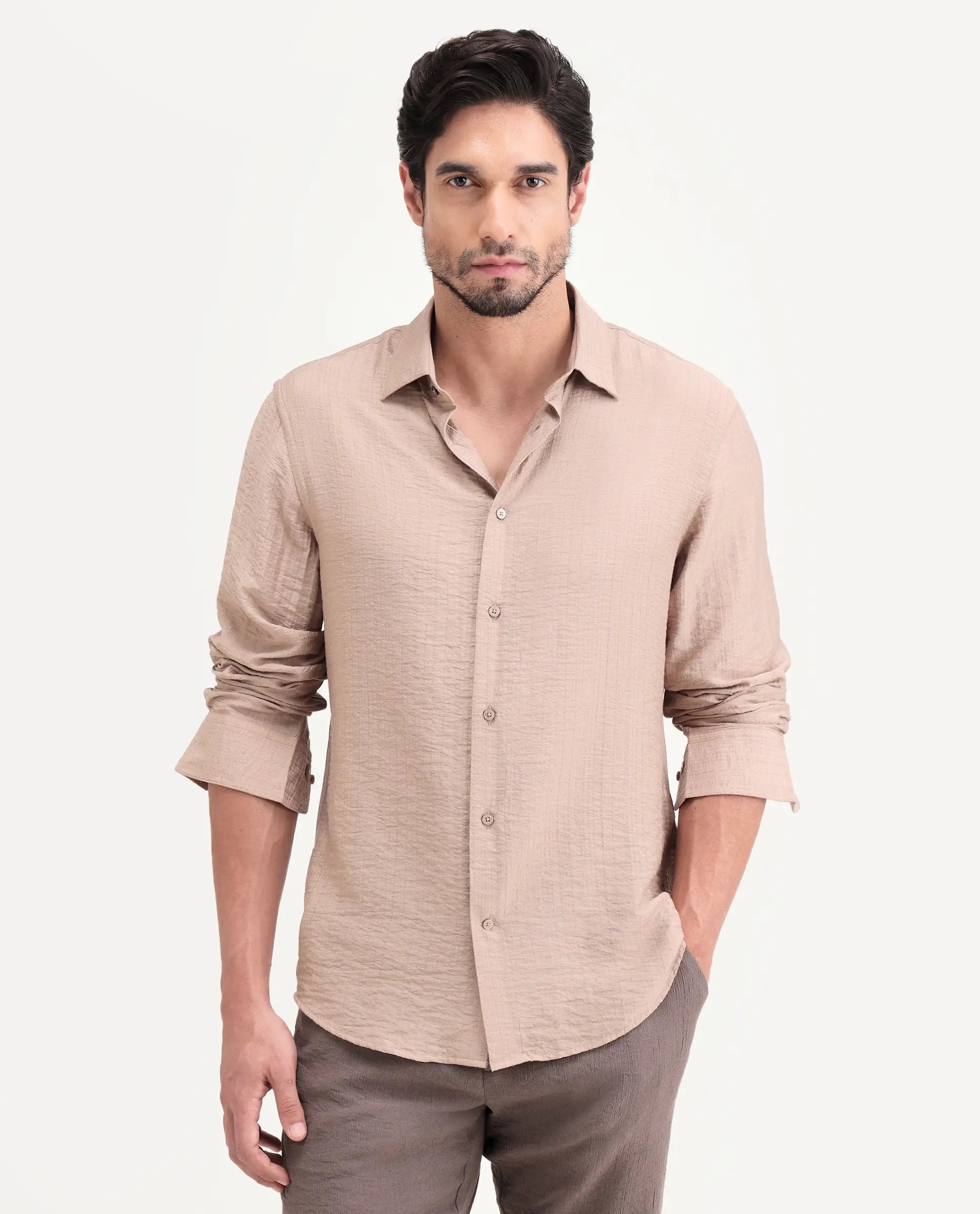 Rare Rabbit Men's Volas Dusky Beige Viscose Blend Fabric Full Sleeve Spread Collar Regular Fit Plain Shirt