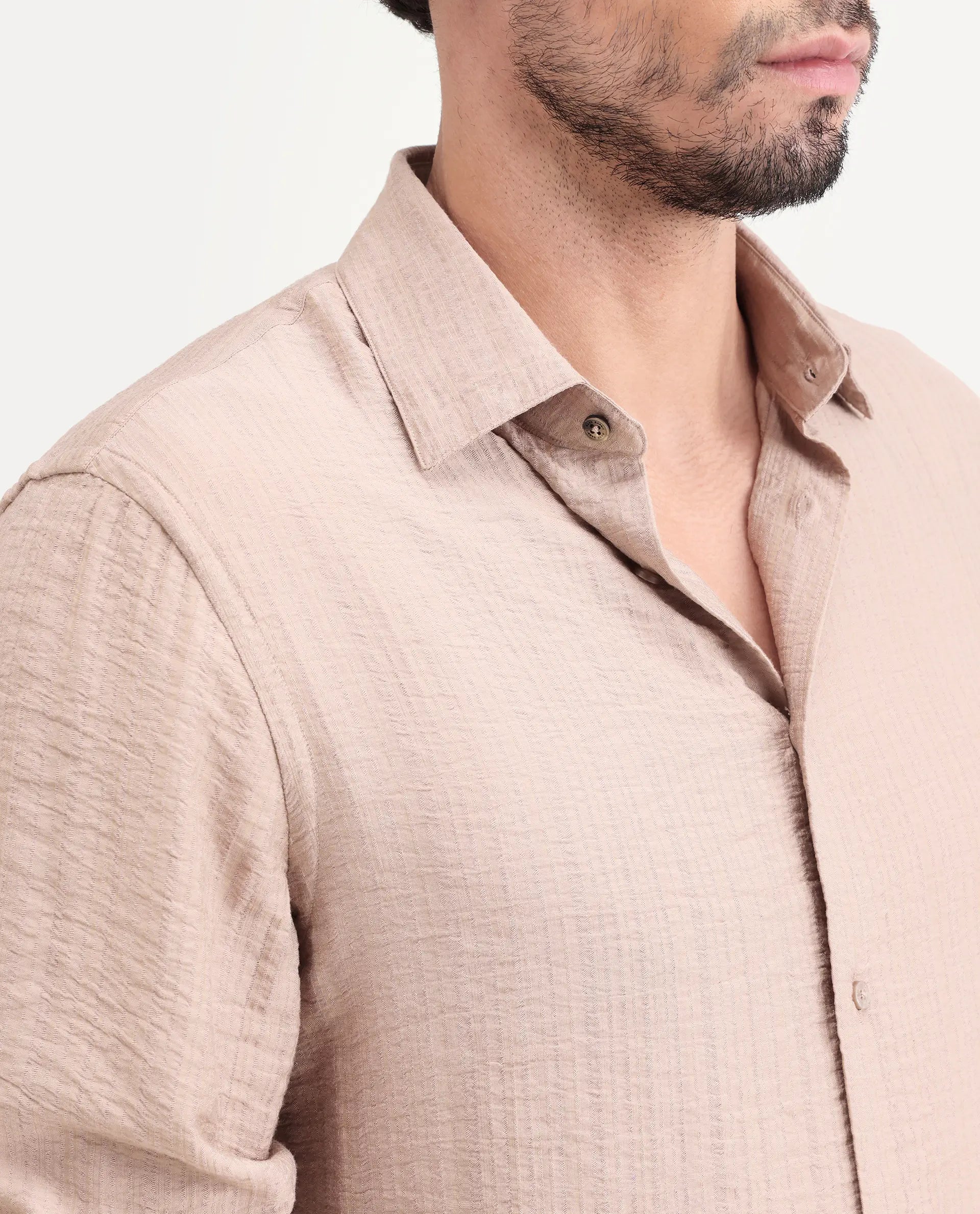 Rare Rabbit Men's Volas Dusky Beige Viscose Blend Fabric Full Sleeve Spread Collar Regular Fit Plain Shirt