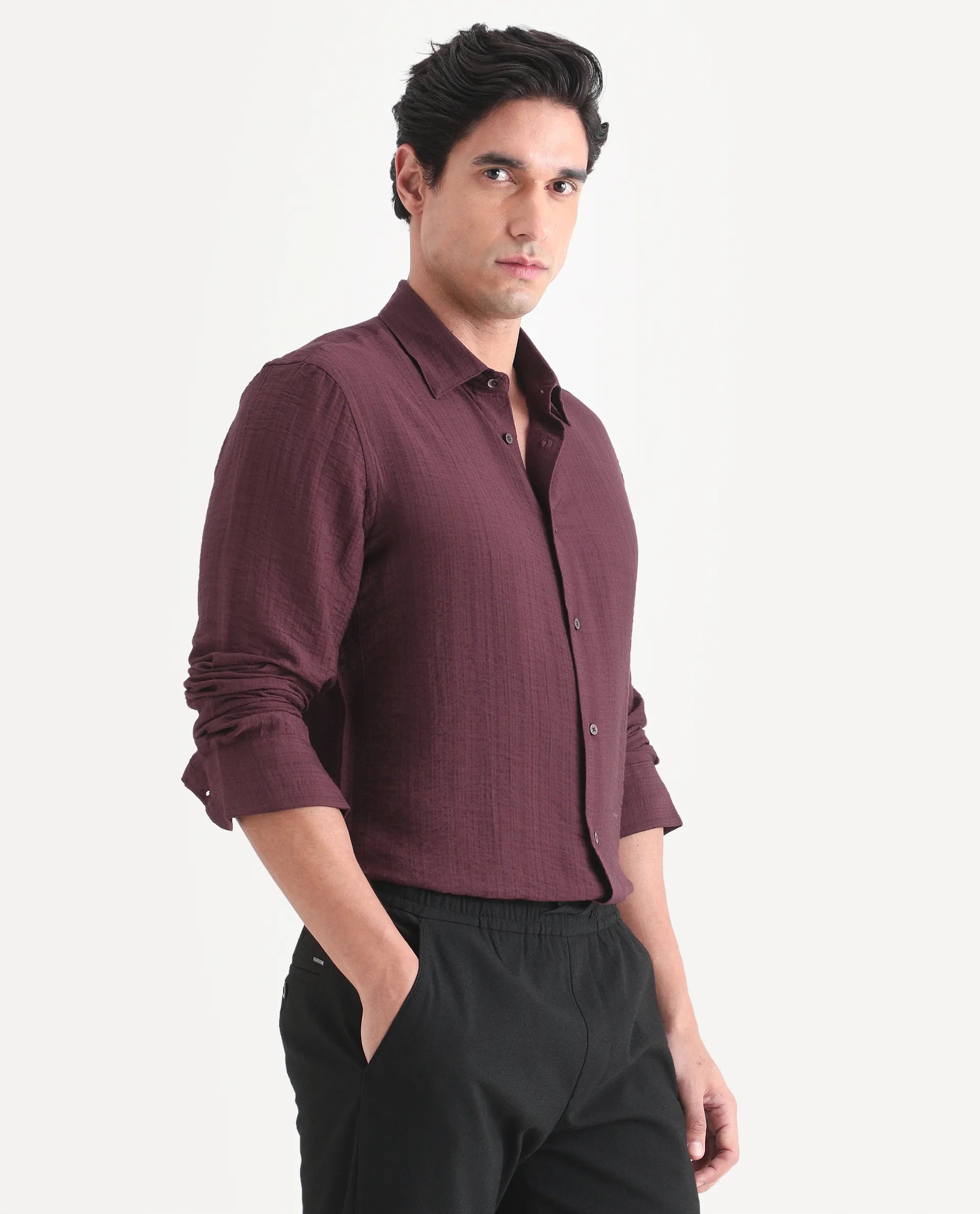 Rare Rabbit Men's Volas Dusky Maroon Viscose Blend Fabric Full Sleeve Spread Collar Regular Fit Plain Shirt