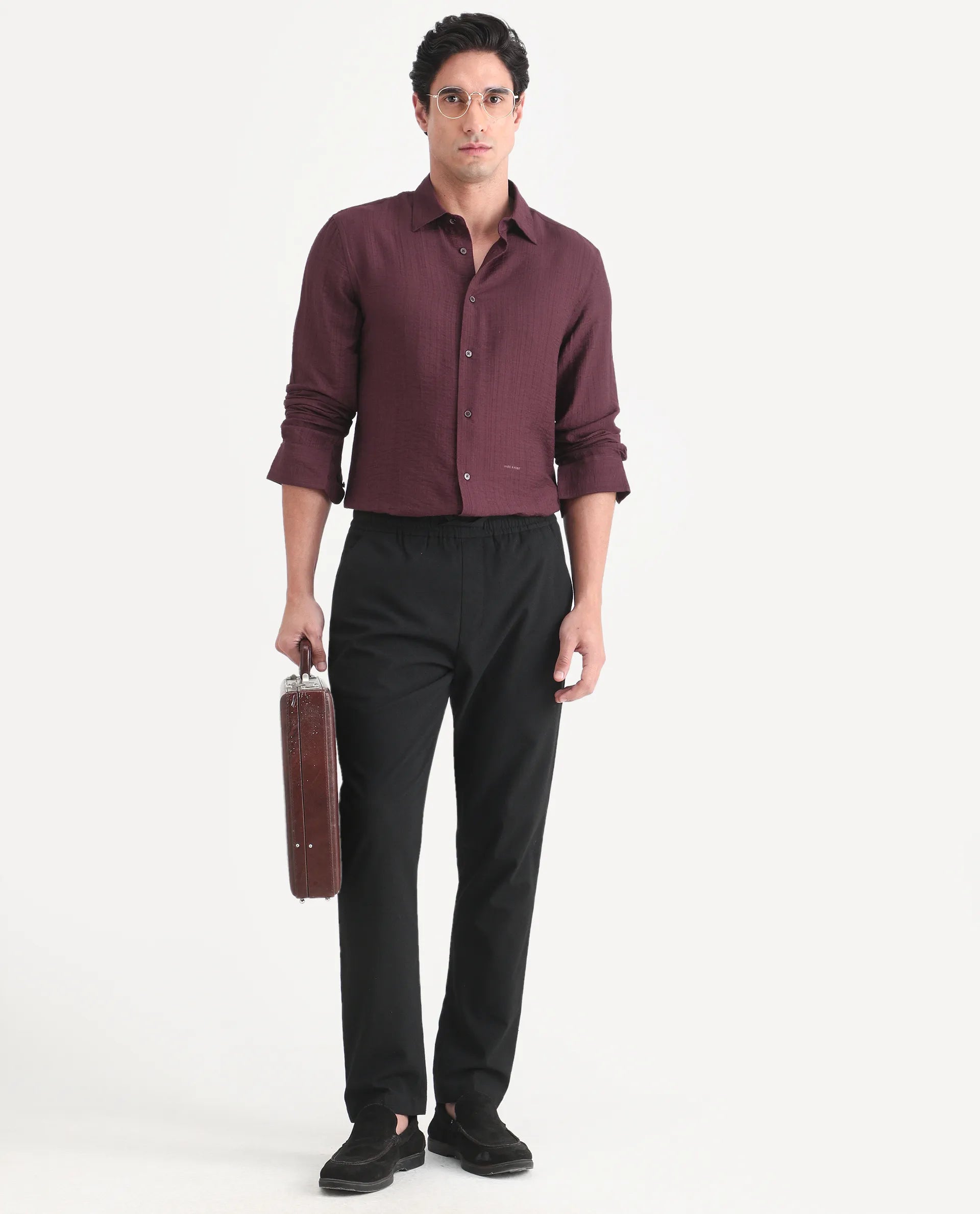 Rare Rabbit Men's Volas Dusky Maroon Viscose Blend Fabric Full Sleeve Spread Collar Regular Fit Plain Shirt