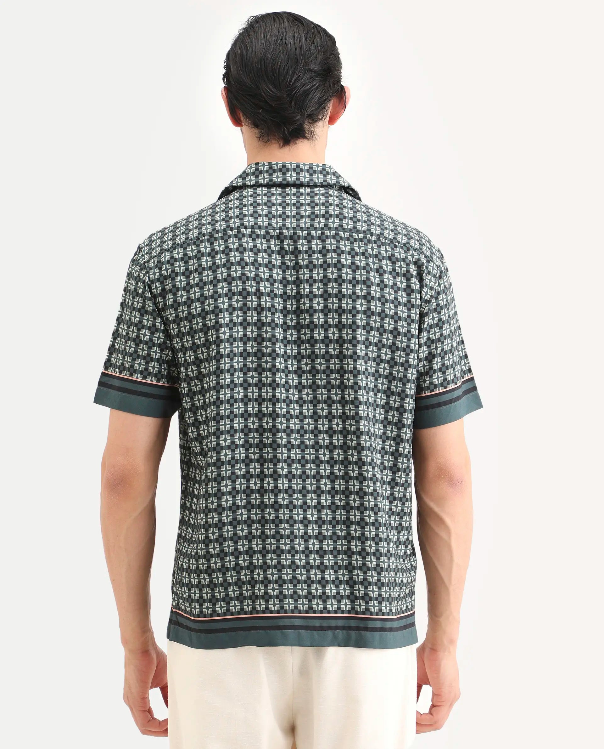 Rare Rabbit Men's Lojo-Ss Dusky Green Viscose Fabric Half Sleeve Cuban Collar Regular Fit Geometric Print Shirt