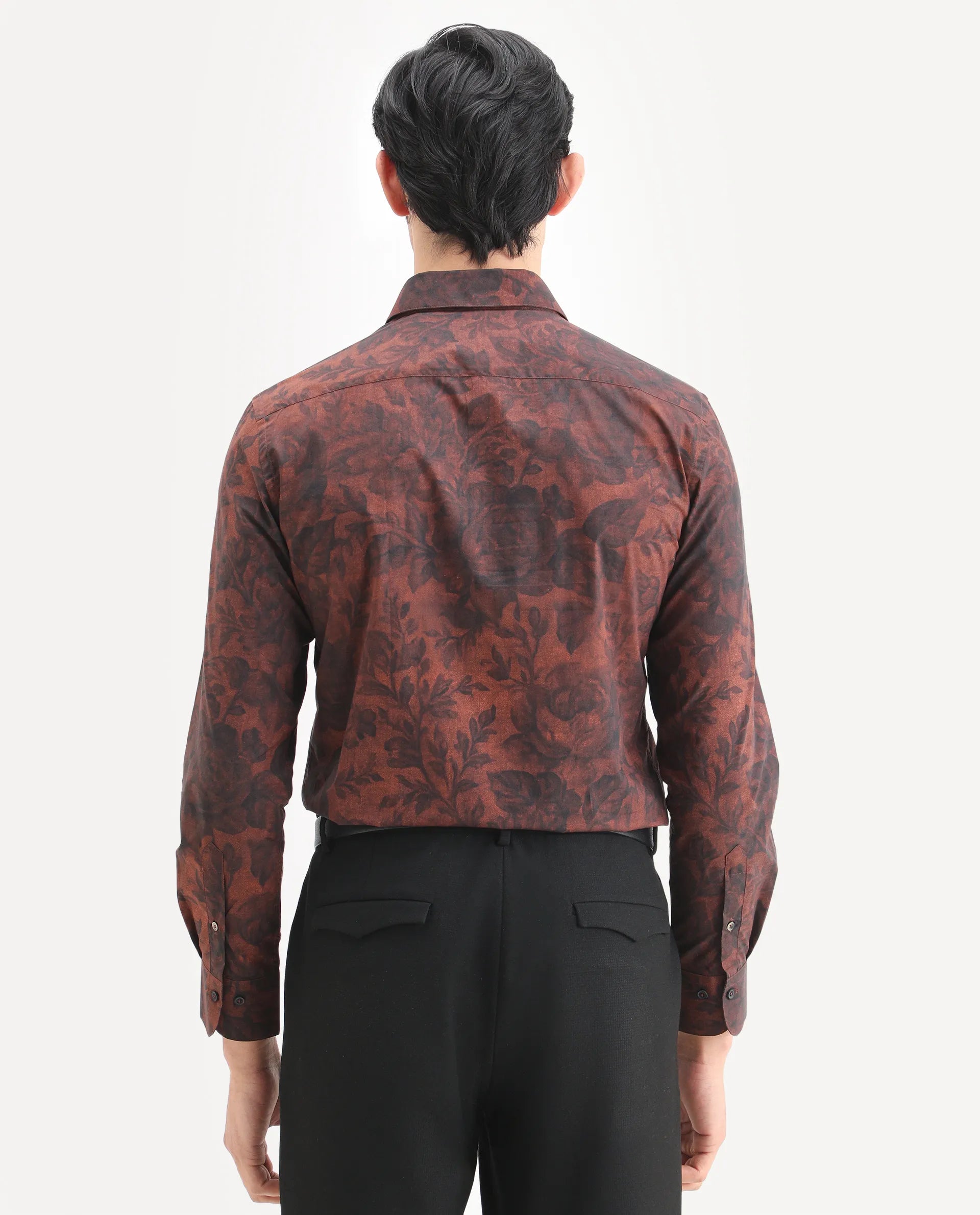 Rare Rabbit Men's Maso Dusky Brown Cotton Fabric Full Sleeve Spread Collar Regular Fit Floral Print Shirt