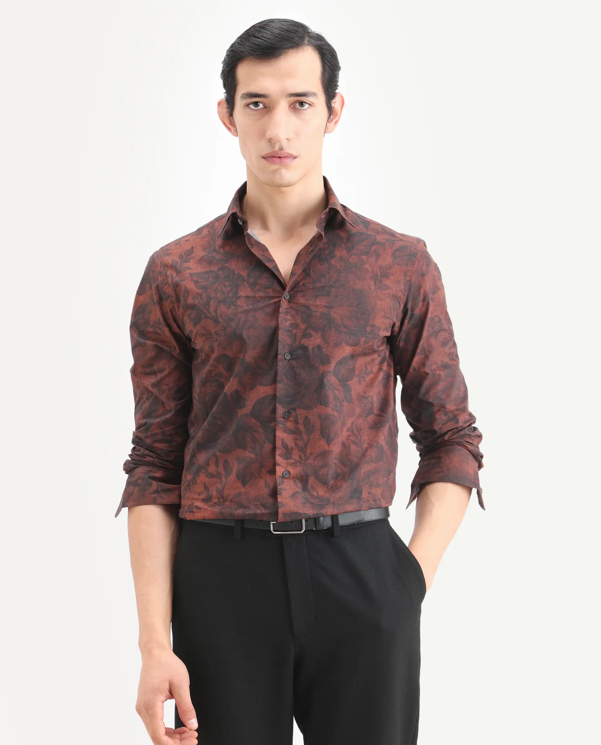 Rare Rabbit Men's Maso Dusky Brown Cotton Fabric Full Sleeve Spread Collar Regular Fit Floral Print Shirt