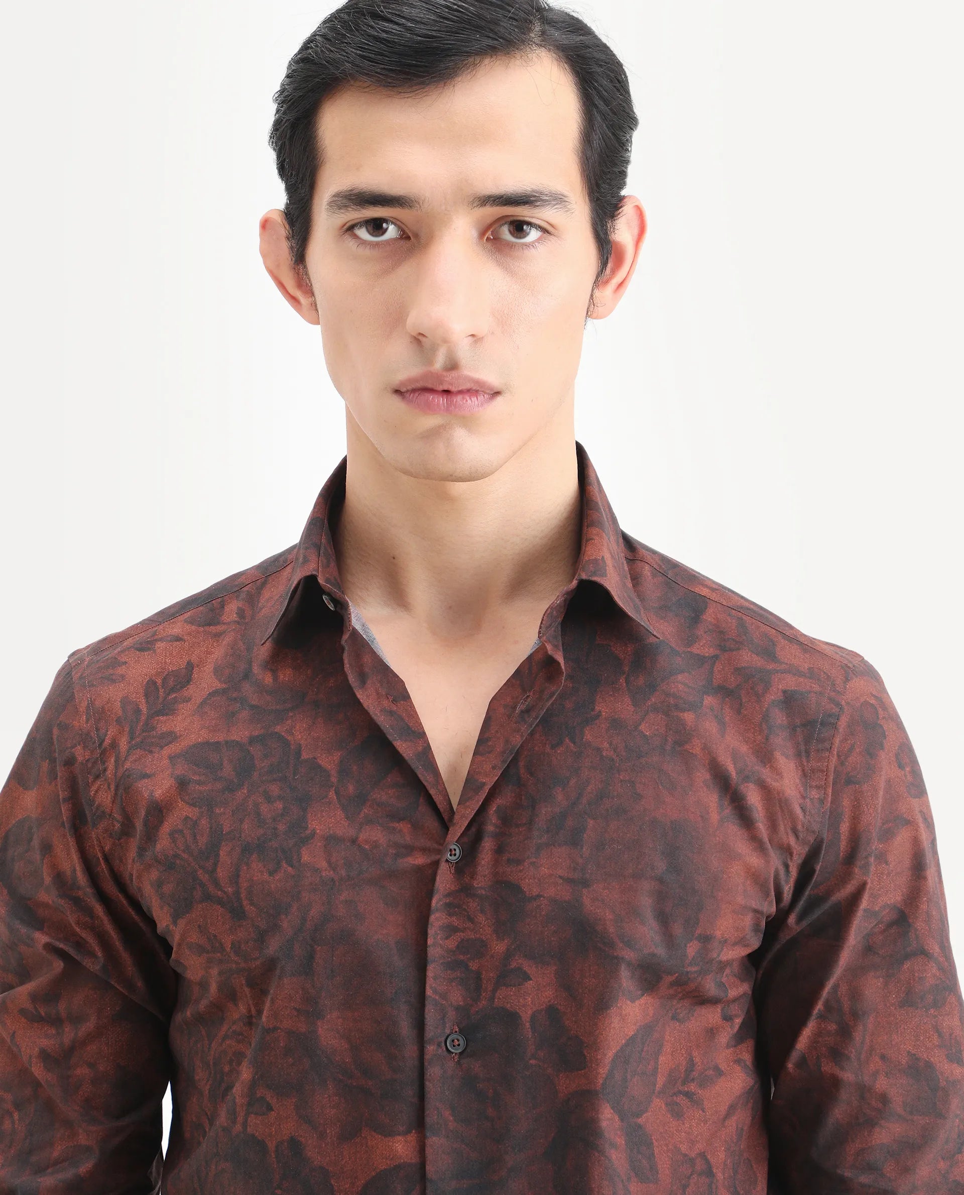 Rare Rabbit Men's Maso Dusky Brown Cotton Fabric Full Sleeve Spread Collar Regular Fit Floral Print Shirt