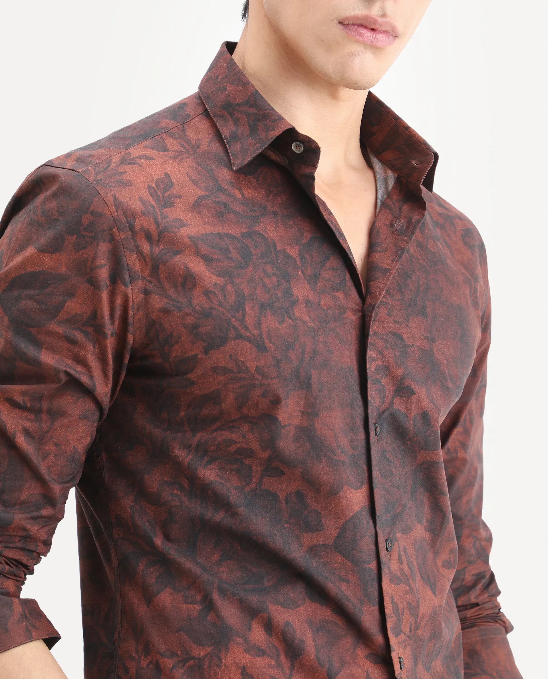 Rare Rabbit Men's Maso Dusky Brown Cotton Fabric Full Sleeve Spread Collar Regular Fit Floral Print Shirt