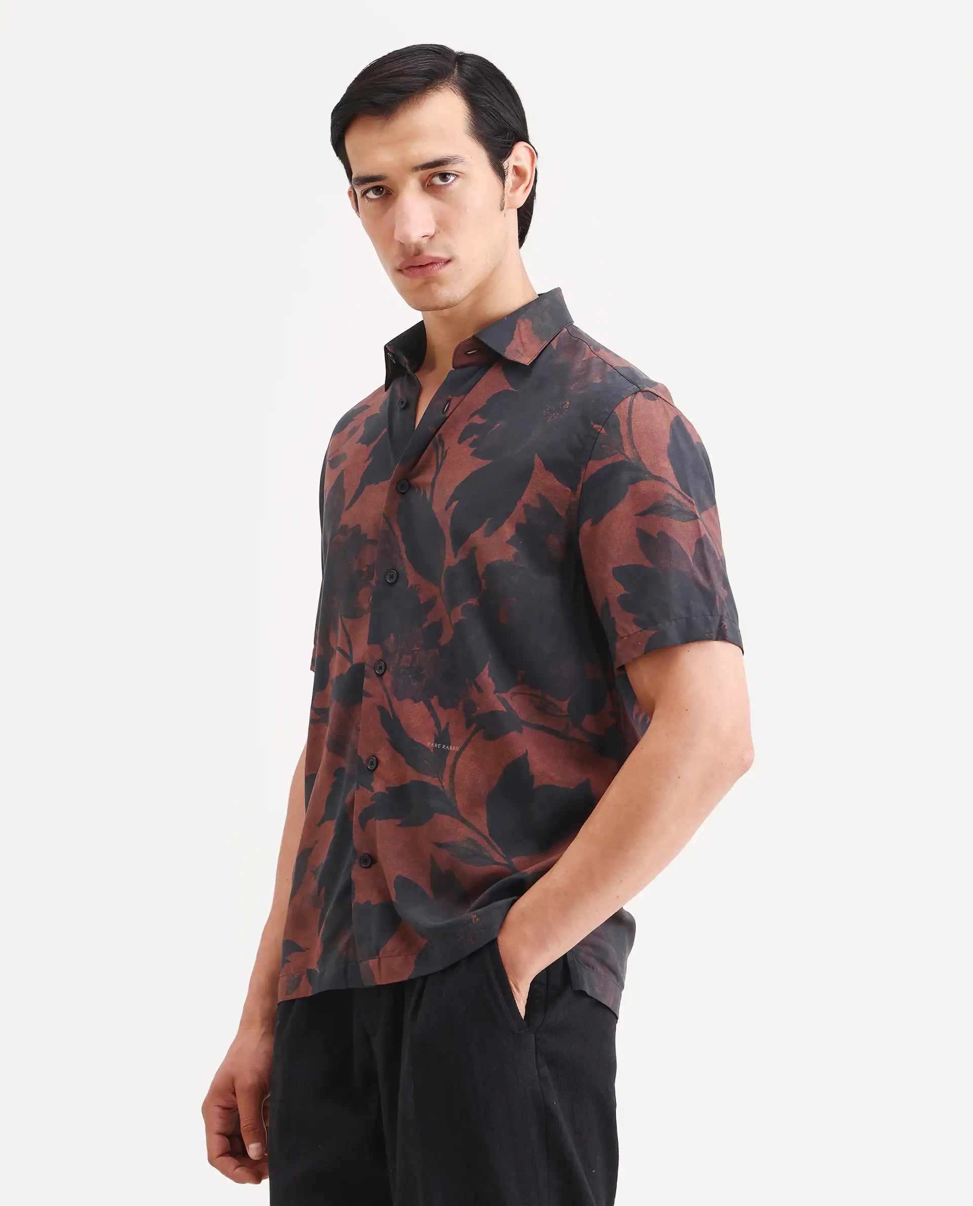 Rare Rabbit Men's Mork Dusky Brown Viscose Fabric Half Sleeve Spread Collar Regular Fit Tropical Print Shirt