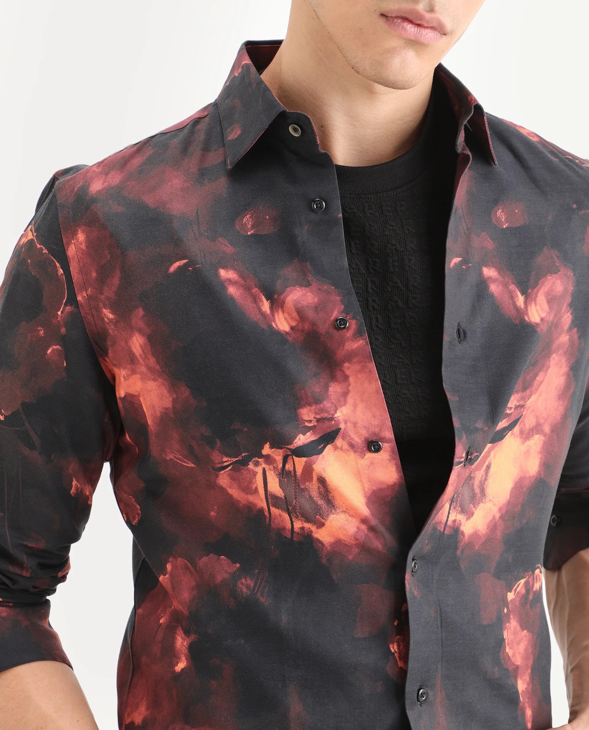 Rare Rabbit Men's Nemi Black Cotton Blend Fabric Full Sleeve Spread Collar Regular Fit Abstract Print Shirt