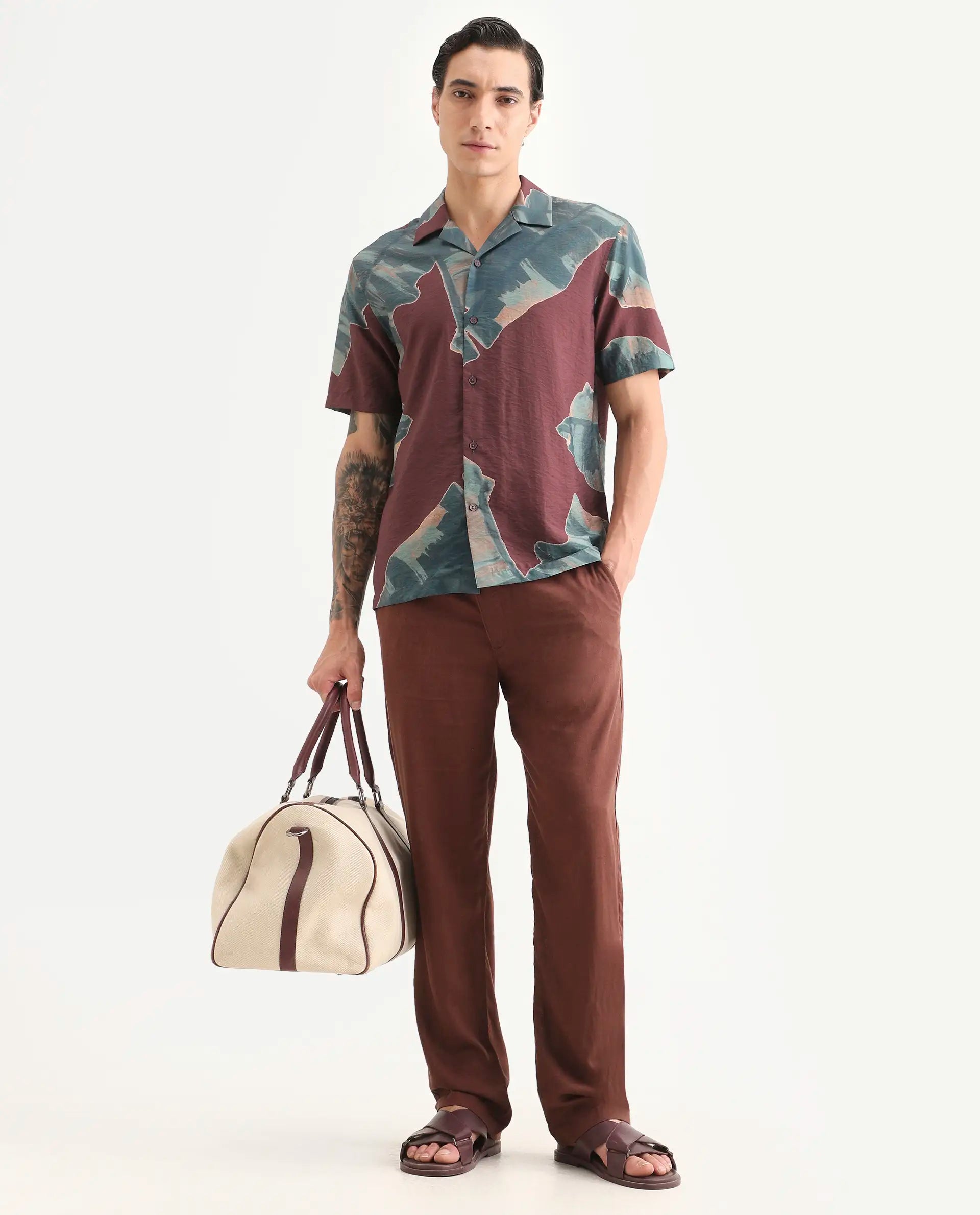 Rare Rabbit Men's Noxi Maroon Viscose Blend Fabric Half Sleeve Spread Collar Regular Fit Tropical Print Shirt