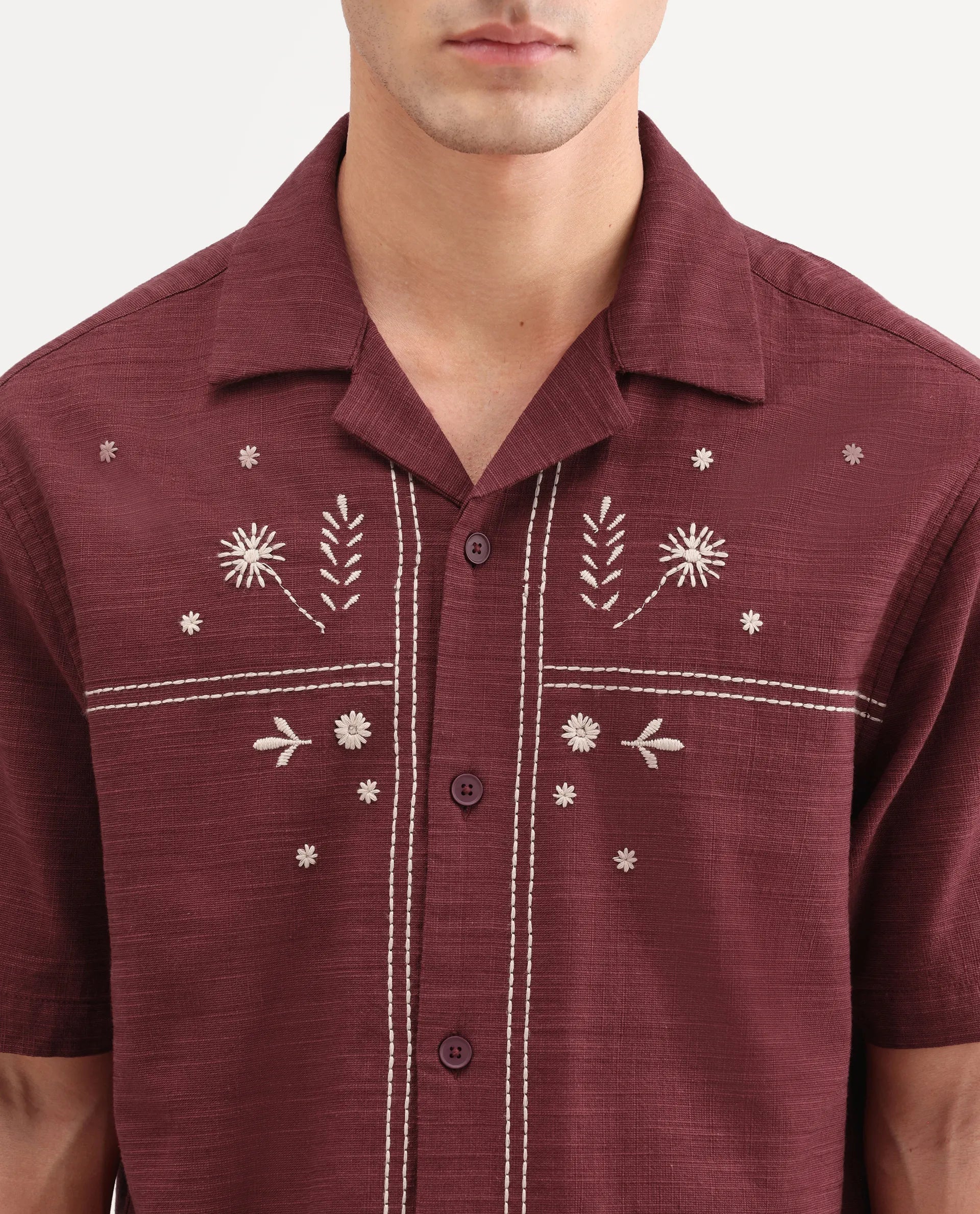 Rare Rabbit Men's Gwen 26 Red Cotton Blend Fabric Half Sleeve Cuban Collar Relaxed Fit Embroidered Shirt