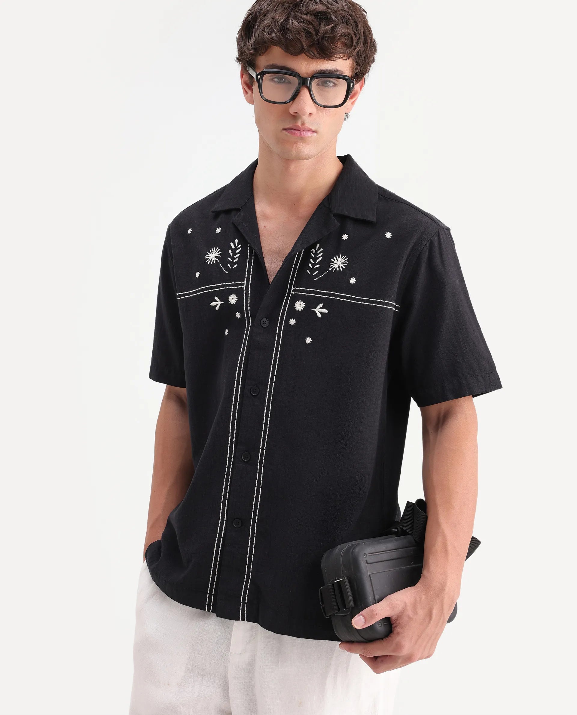 Rare Rabbit Men's Gwen 26 Black Cotton Blend Fabric Half Sleeve Cuban Collar Relaxed Fit Embroidered Shirt