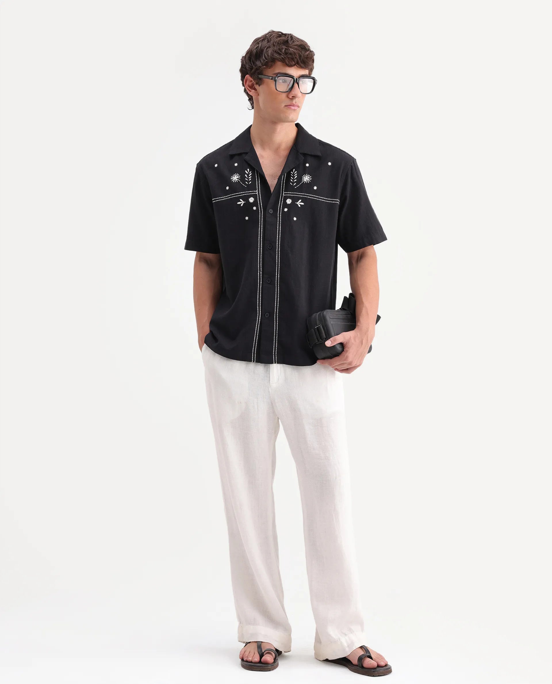 Rare Rabbit Men's Gwen 26 Black Cotton Blend Fabric Half Sleeve Cuban Collar Relaxed Fit Embroidered Shirt