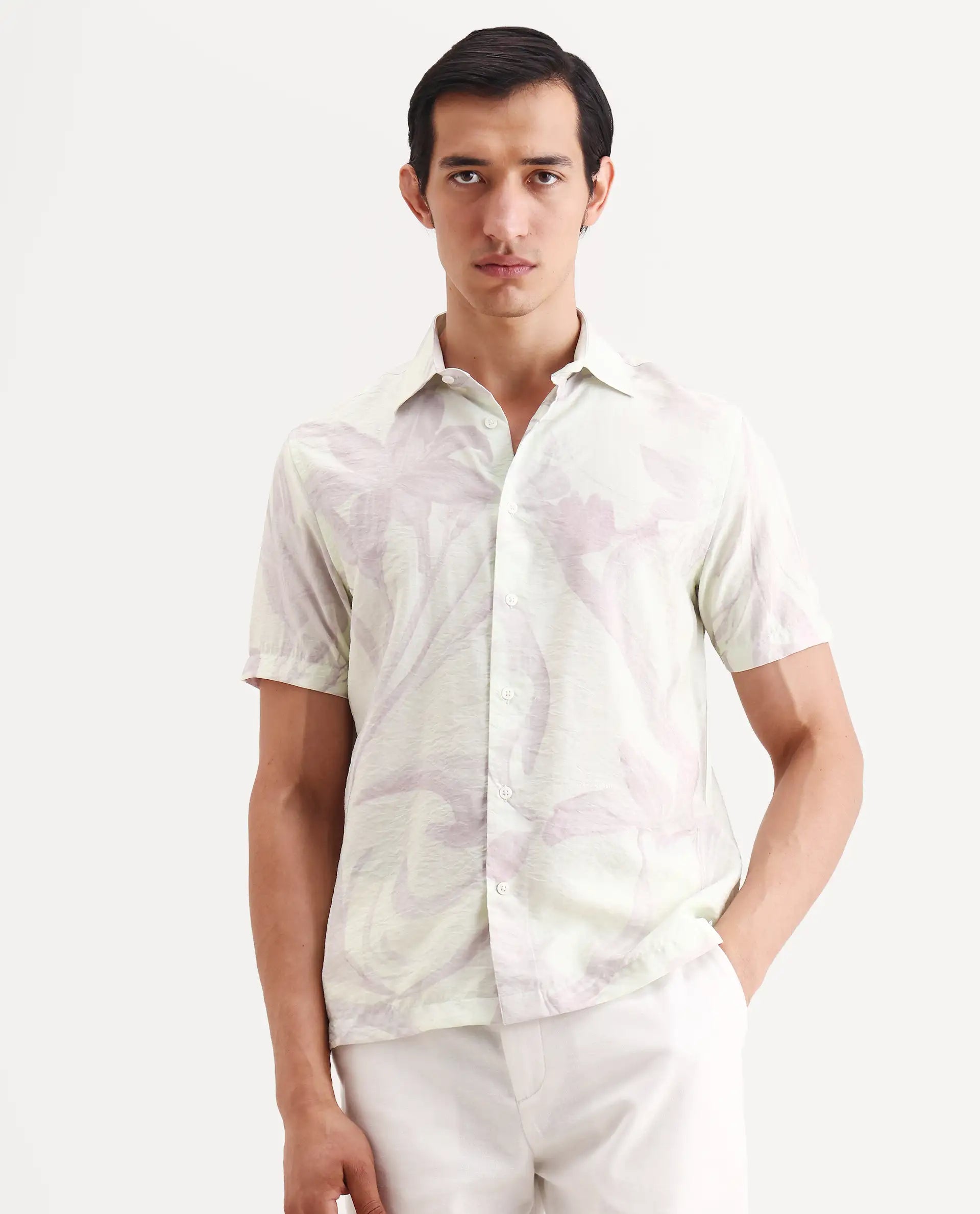 Rare Rabbit Men's Olek Off White Viscose Blend Fabric Half Sleeve Spread Collar Regular Fit Floral Print Shirt