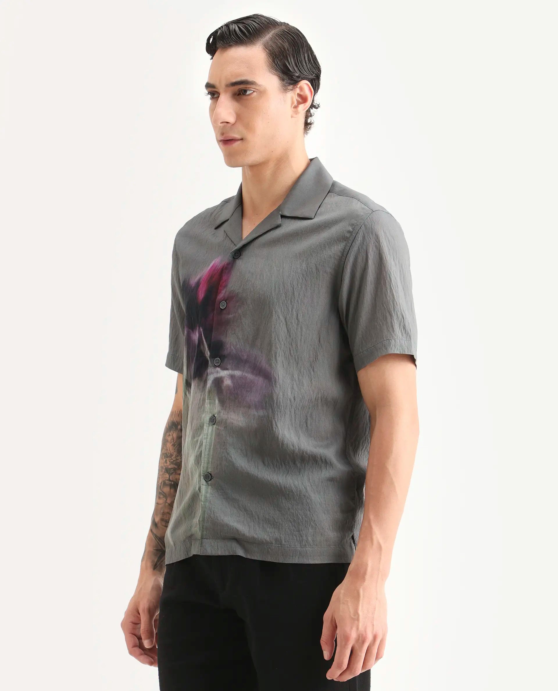 Rare Rabbit Men's Orla Grey Viscose Blend Fabric Half Sleeve Cuban Collar Regular Fit Floral Print Shirt