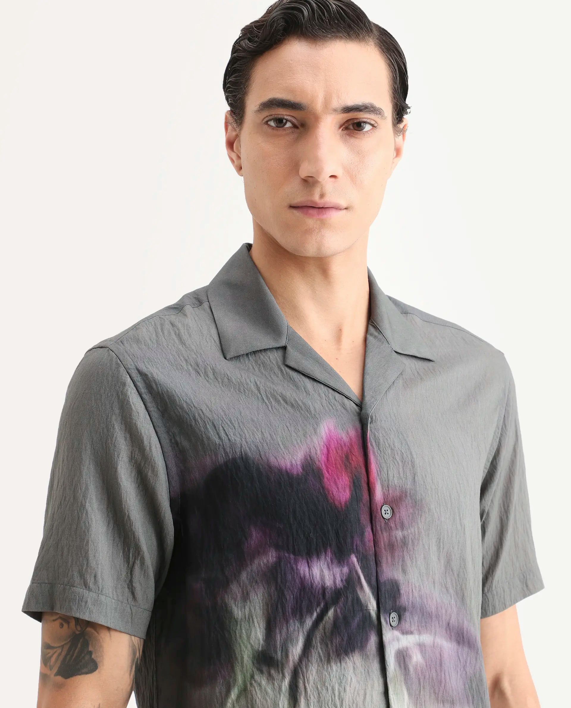 Rare Rabbit Men's Orla Grey Viscose Blend Fabric Half Sleeve Cuban Collar Regular Fit Floral Print Shirt
