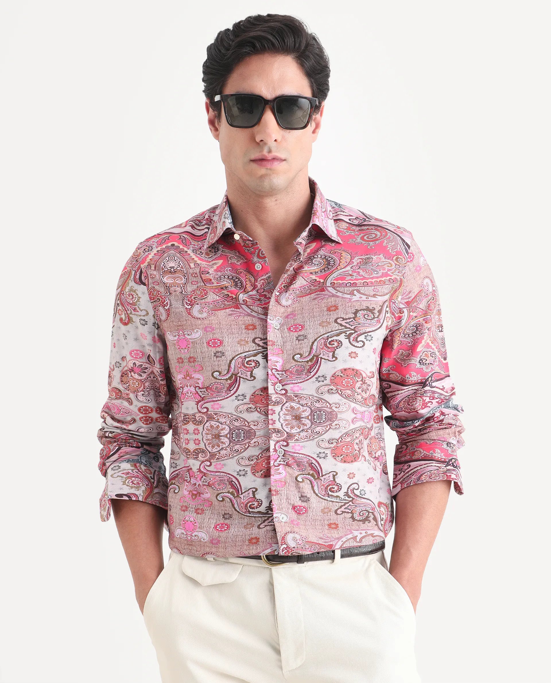Rare Rabbit Men's Otiso Dusky Pink Viscose Fabric Full Sleeve Spread Collar Regular Fit Paisley Shirt