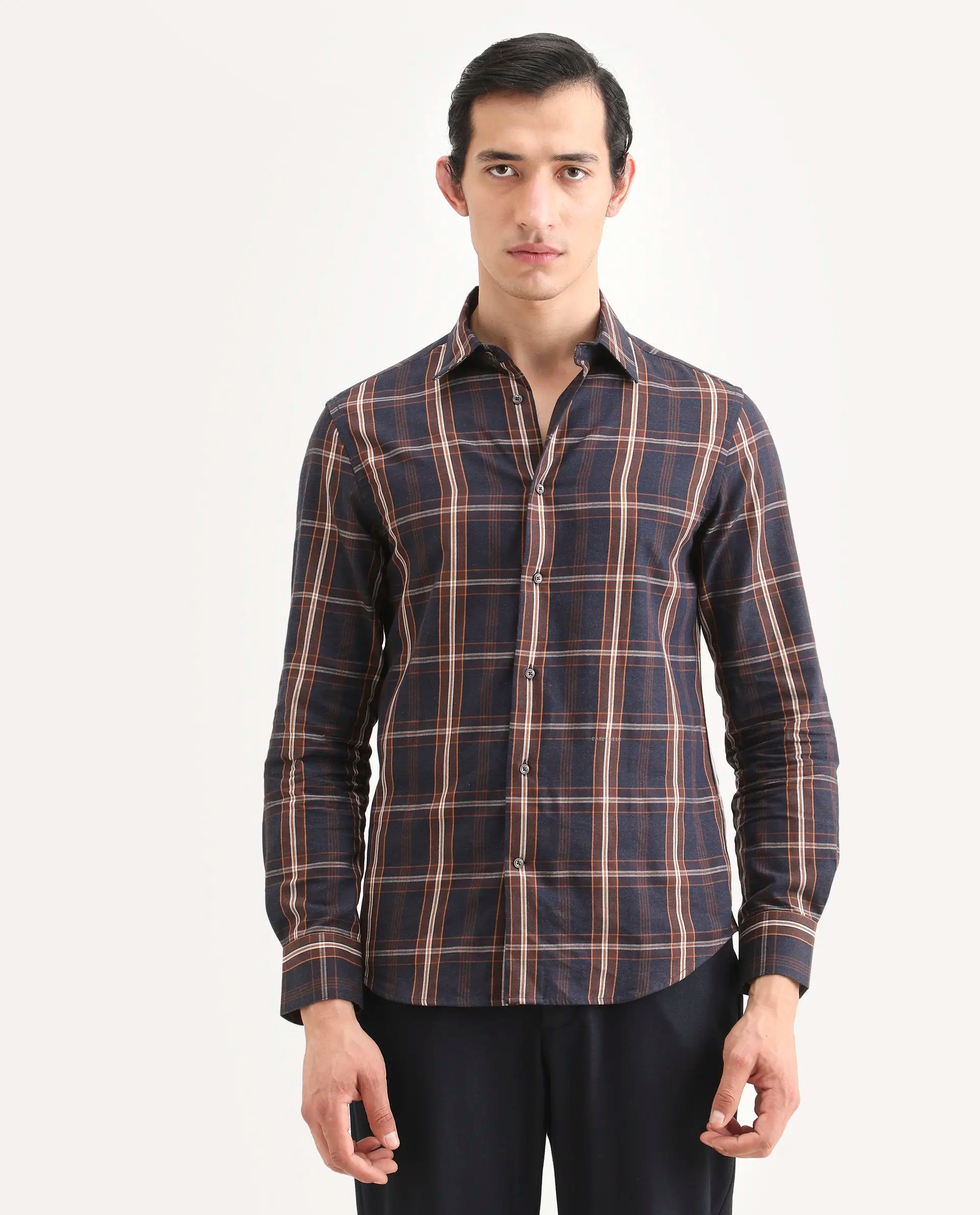 Rare Rabbit Men's Dor-S26 Navy Cotton Fabric Full Sleeve Spread Collar Regular Fit Checked Shirt