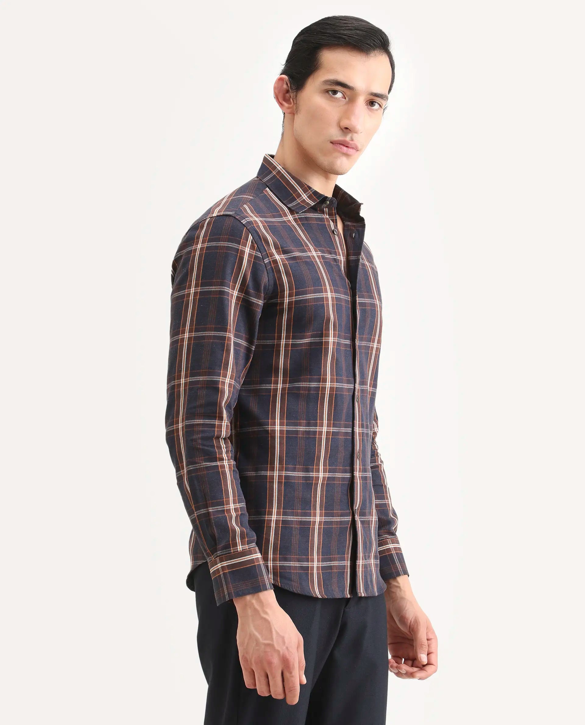 Rare Rabbit Men's Dor-S26 Navy Cotton Fabric Full Sleeve Spread Collar Regular Fit Checked Shirt