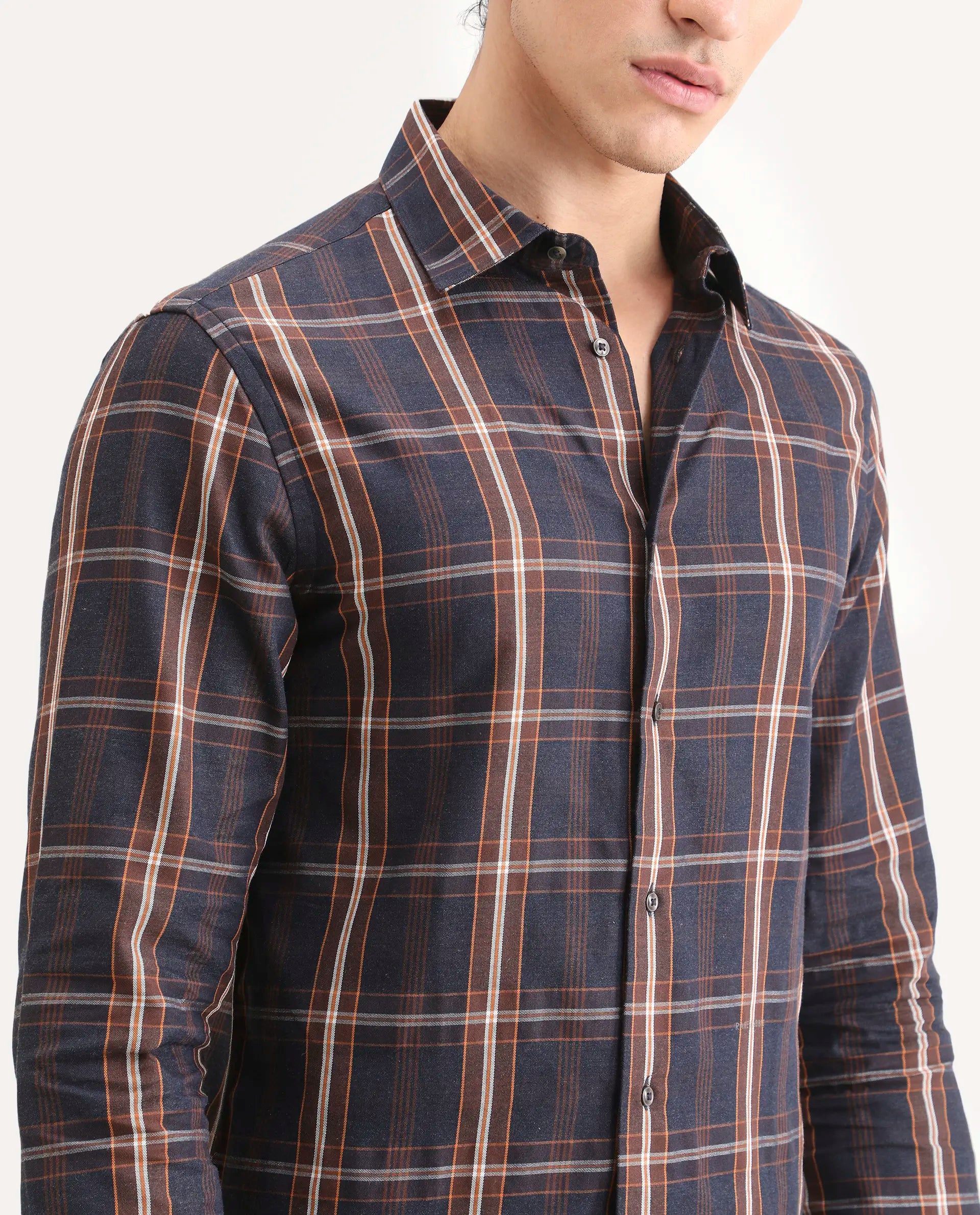 Rare Rabbit Men's Dor-S26 Navy Cotton Fabric Full Sleeve Spread Collar Regular Fit Checked Shirt
