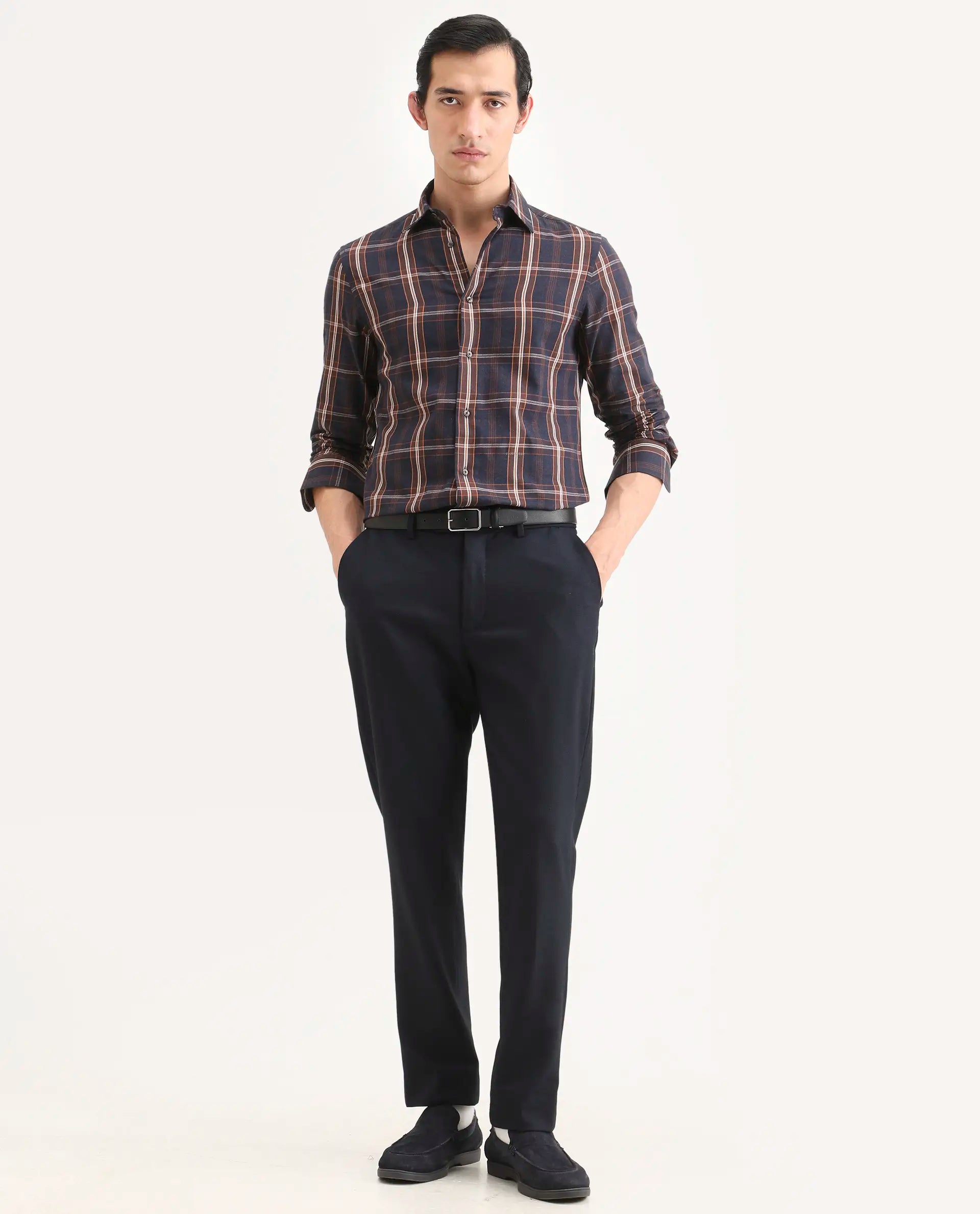 Rare Rabbit Men's Dor-S26 Navy Cotton Fabric Full Sleeve Spread Collar Regular Fit Checked Shirt