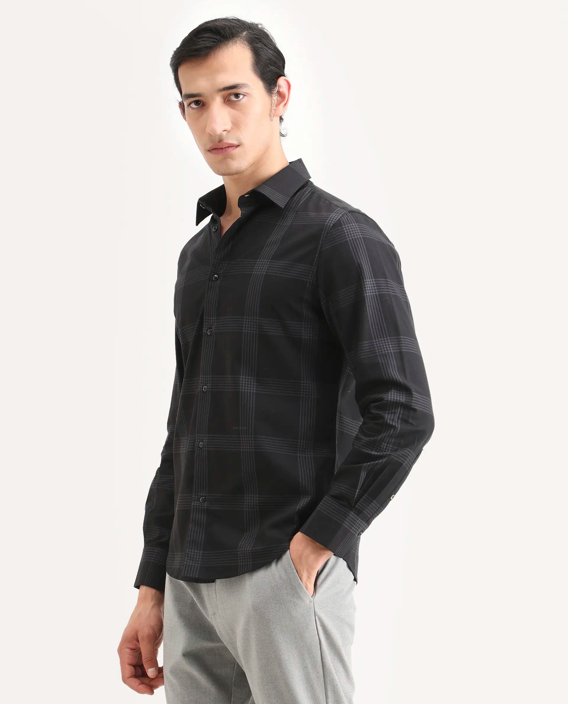 Rare Rabbit Men's Mestor -26 Black Cotton Fabric Full Sleeve Spread Collar Regular Fit Checked Shirt