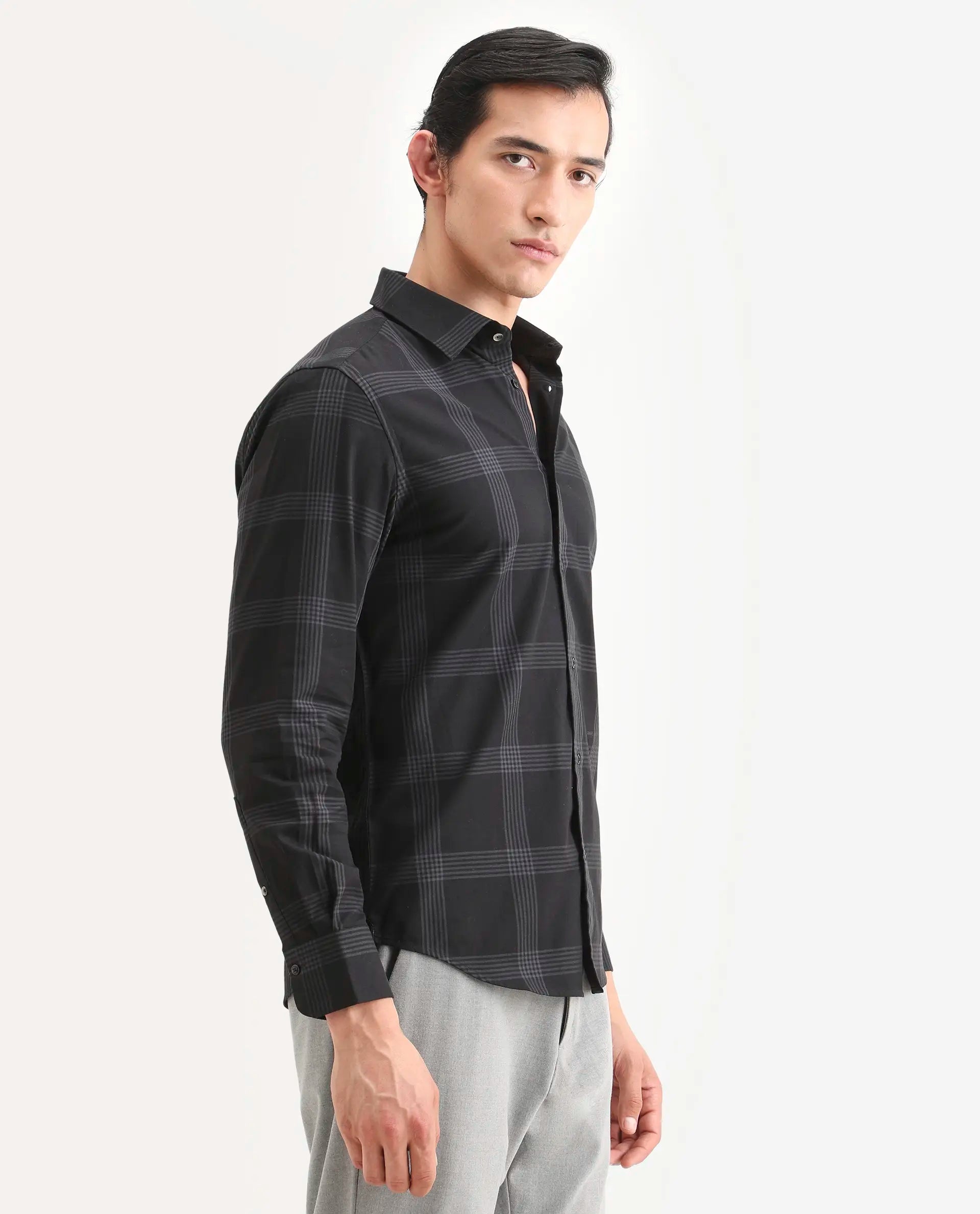 Rare Rabbit Men's Mestor -26 Black Cotton Fabric Full Sleeve Spread Collar Regular Fit Checked Shirt