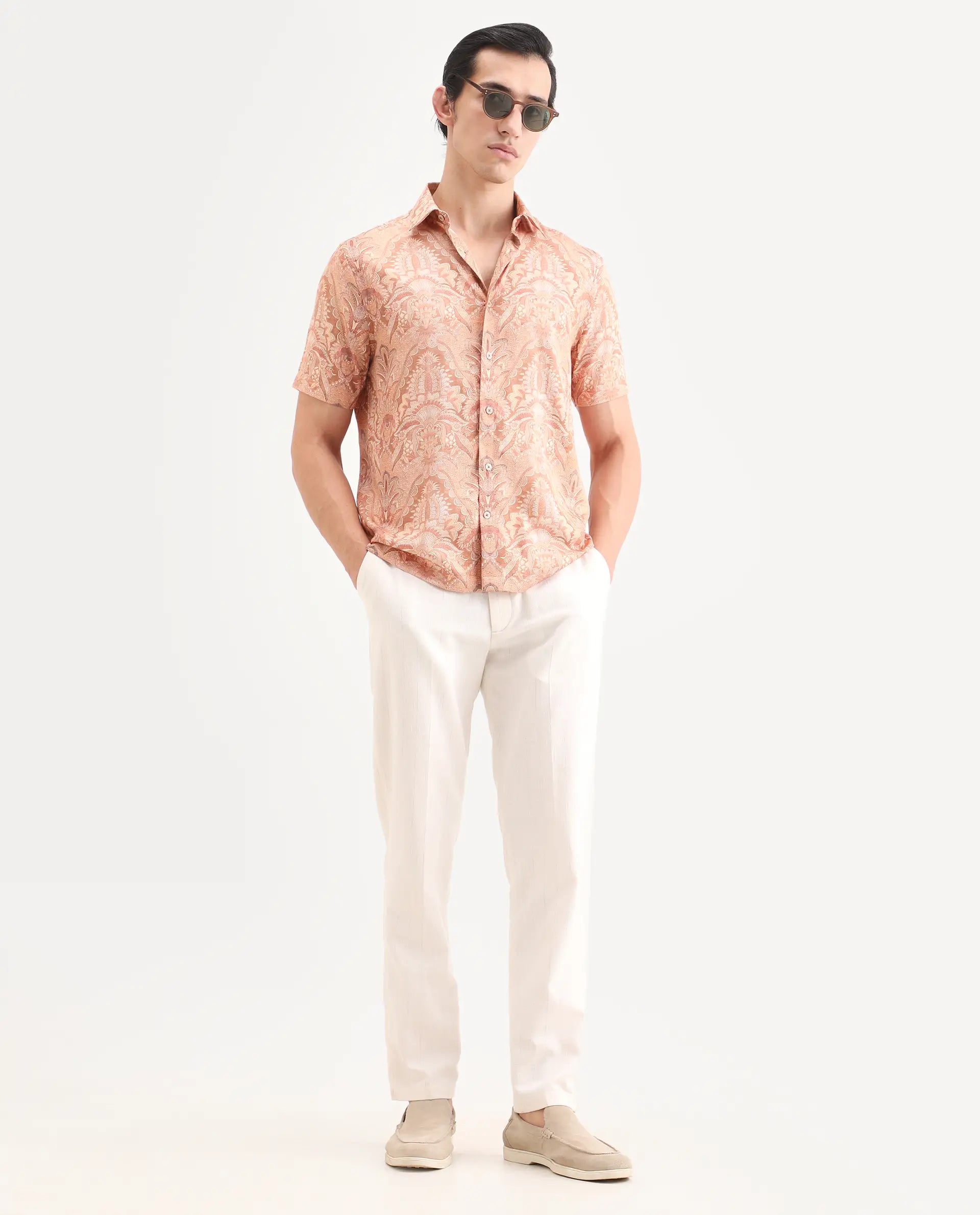 Rare Rabbit Men's Pear Dusky Orange Cotton Blend Fabric Half Sleeve Spread Collar Regular Fit Abstract Print Shirt