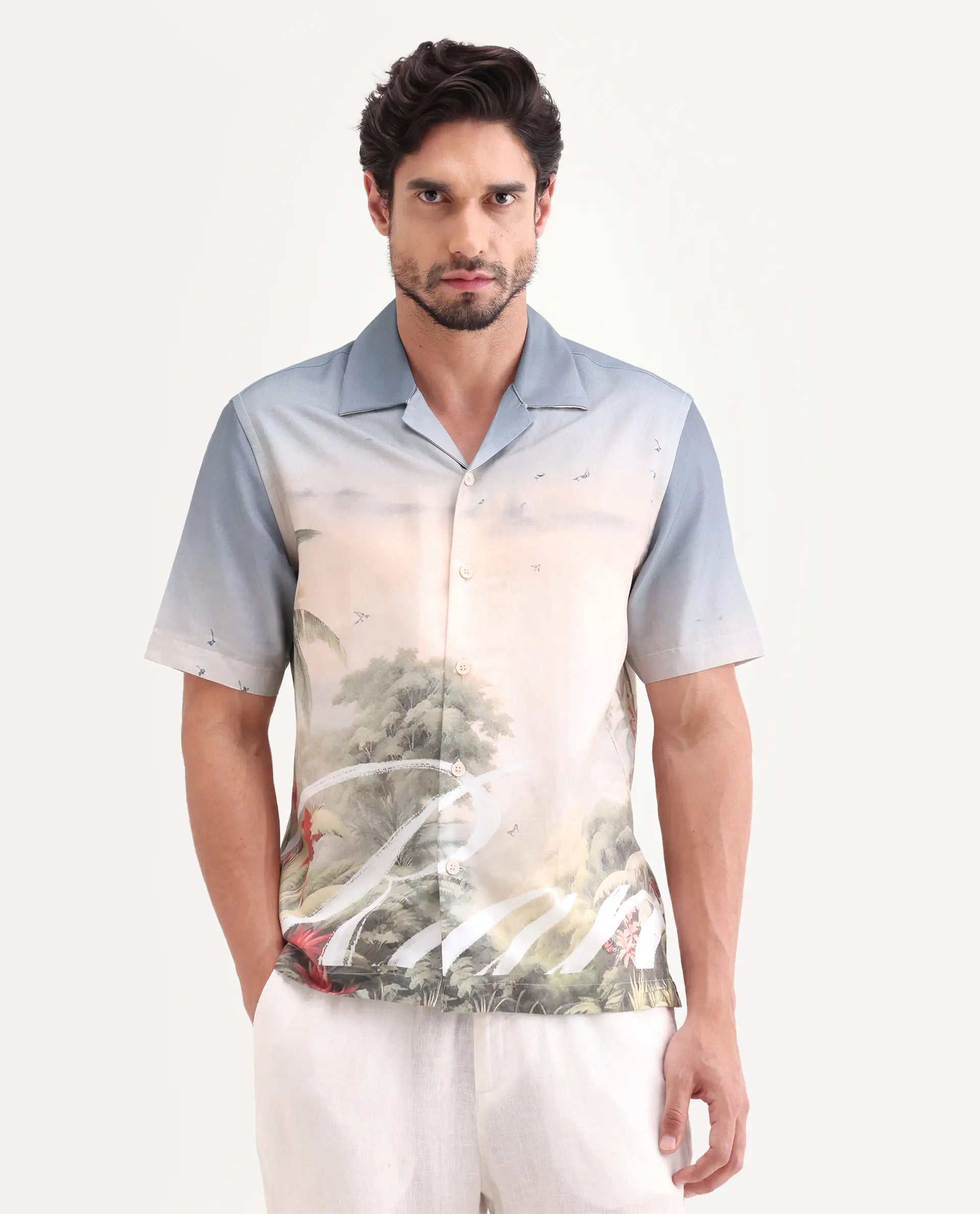 Rare Rabbit Men's Pexa Dusky Peach Cotton Blend Fabric Half Sleeve Cuban Collar Regular Fit Tropical Print Shirt