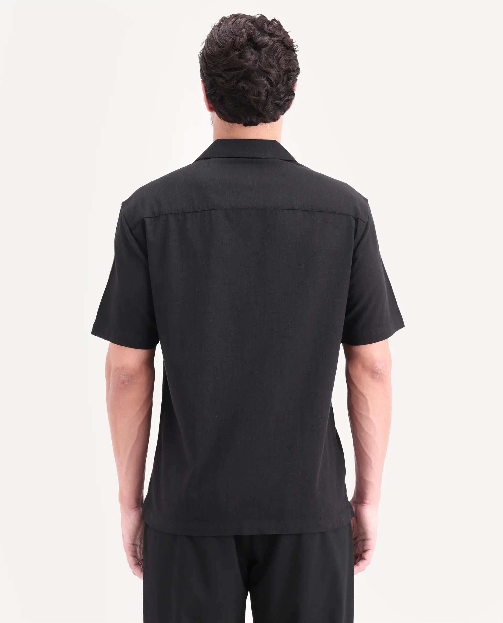 Rare Rabbit Men's Waxi Black Cotton Blend Fabric Half Sleeve Cuban Collar Relaxed Fit Embroidered Shirt
