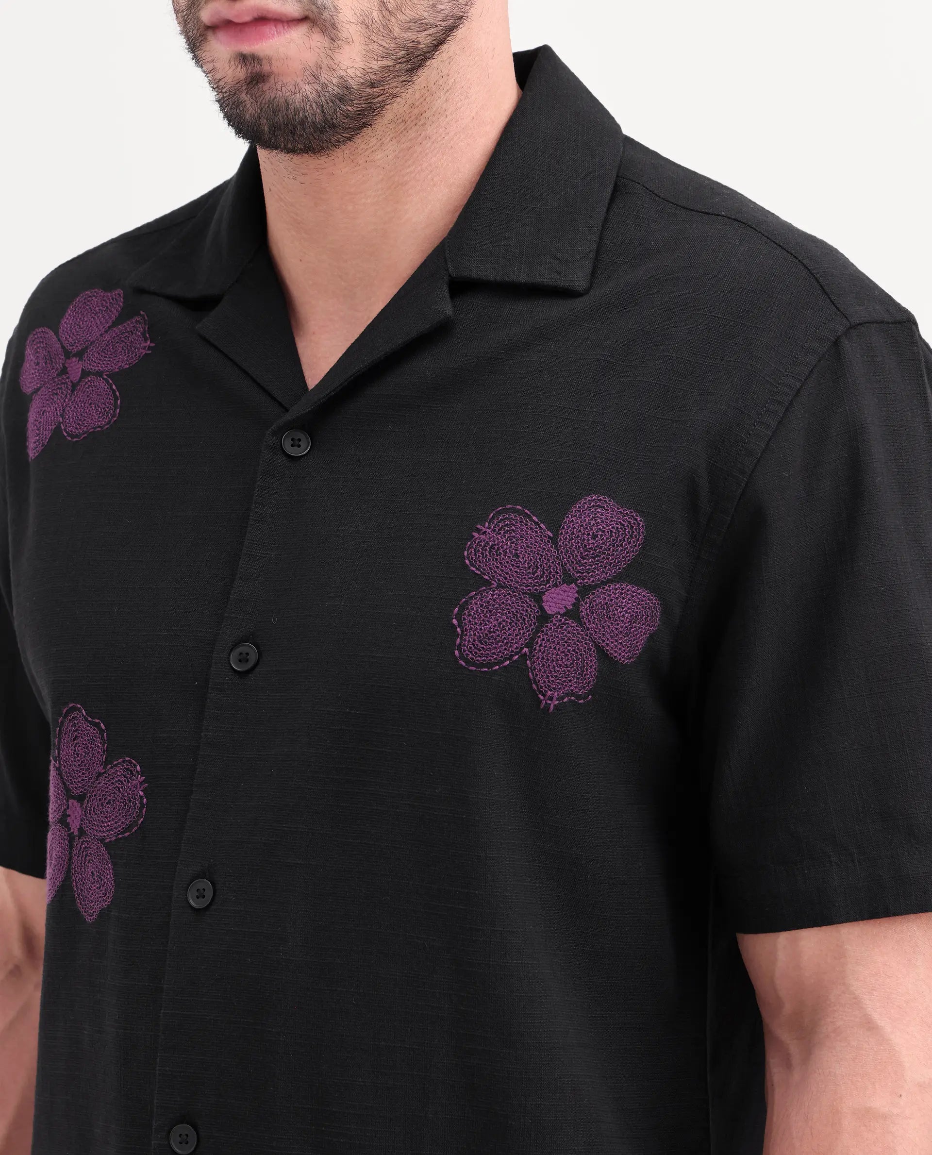 Rare Rabbit Men's Waxi Black Cotton Blend Fabric Half Sleeve Cuban Collar Relaxed Fit Embroidered Shirt