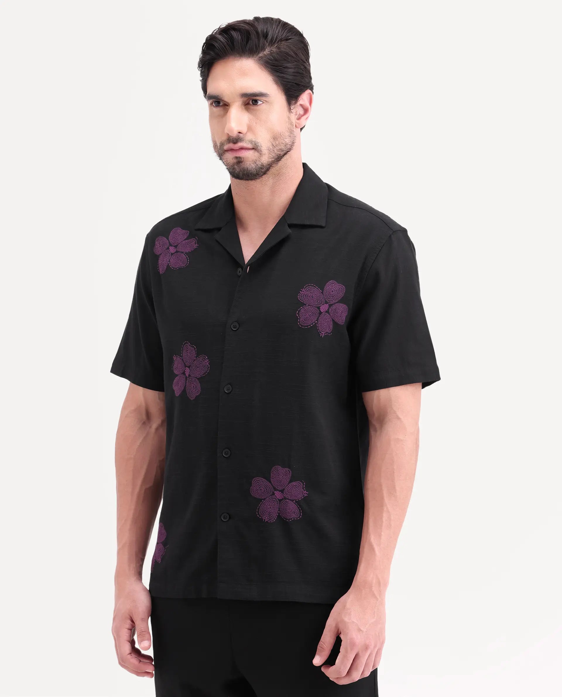 Rare Rabbit Men's Waxi Black Cotton Blend Fabric Half Sleeve Cuban Collar Relaxed Fit Embroidered Shirt